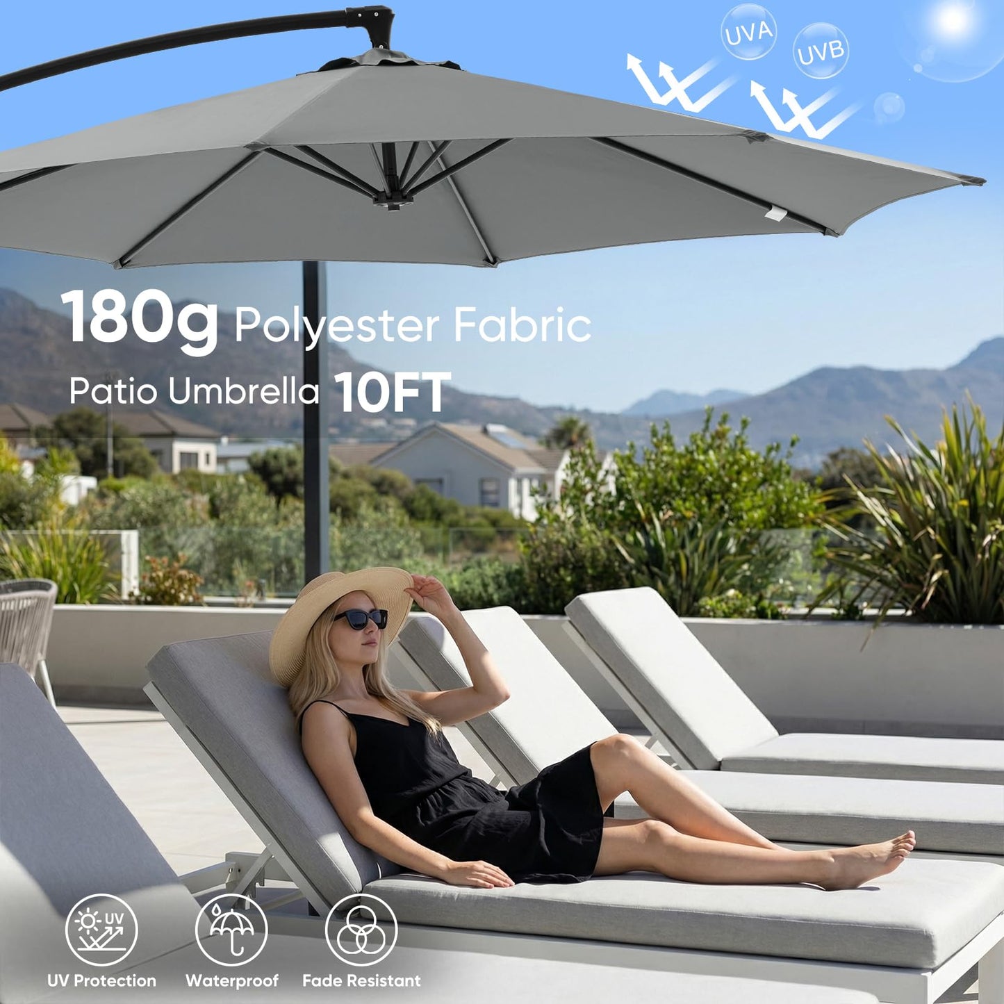 NEWBULIG 10FT Patio Umbrella, Offset Cantilever Outdoor Patio Table Umbrella, UV Protection, Fade Resistant Fabric, Easy Tilt Adjustment for Pool, Deck, Garden, Backyard, Gray
