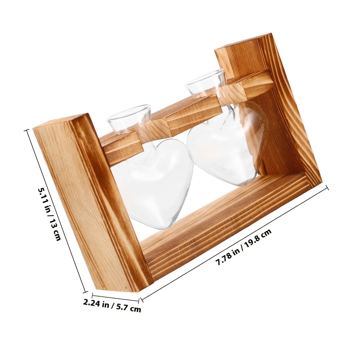 SUPVOX Wooden Stand Glass Heart-Shaped Vase for Indoor Plants, Hydroponic Terrarium Planter, Tabletop Decor Set with 2 Glass Vessels, Suitable for Home and Office