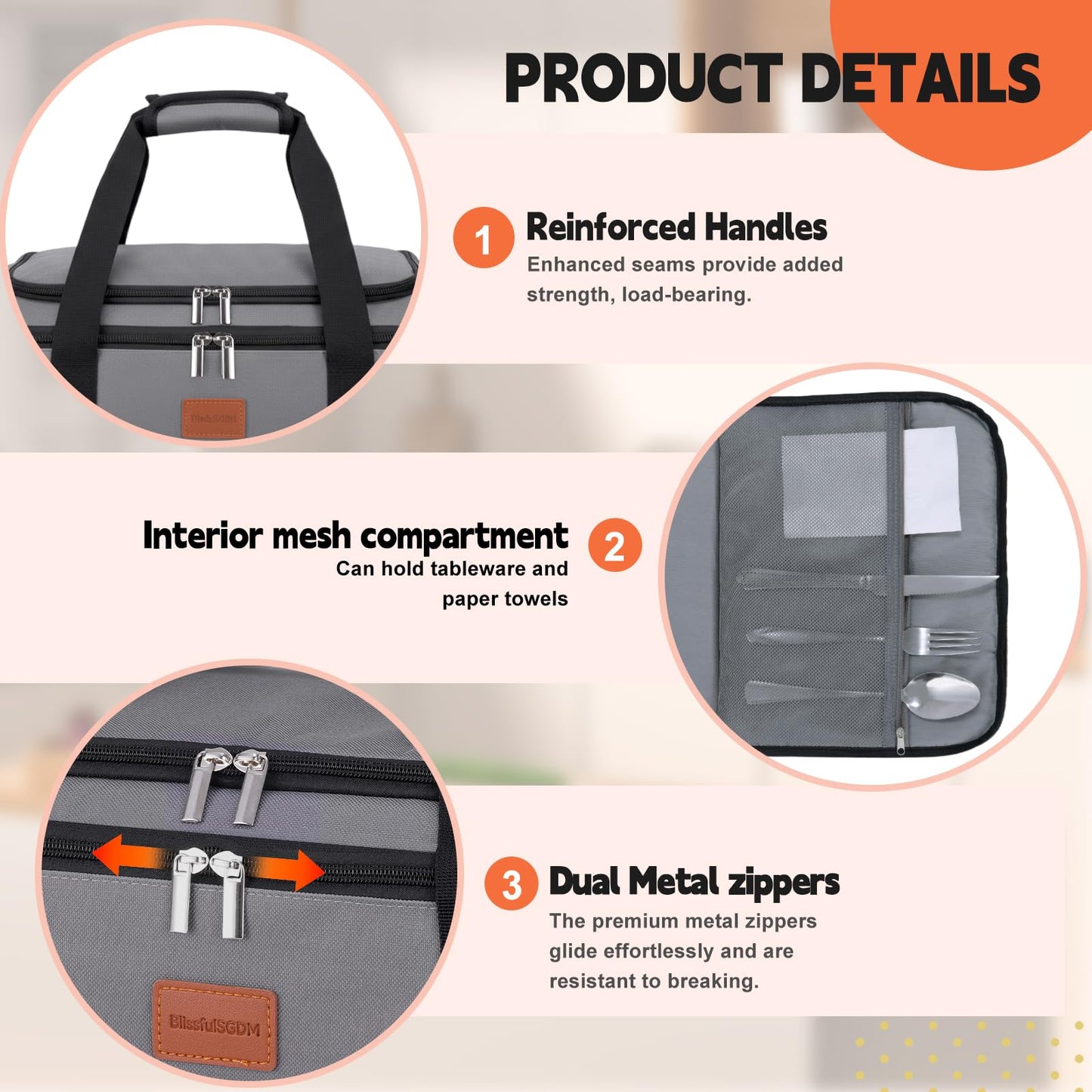 BlissfulSGDM Insulated Casserole Carrier, Double Decker Food Carriers for Hot or Cold Food, Portable Leakproof Thermal Bag for Travel/Potluck Parties/Picnic/Cookouts(Grey)