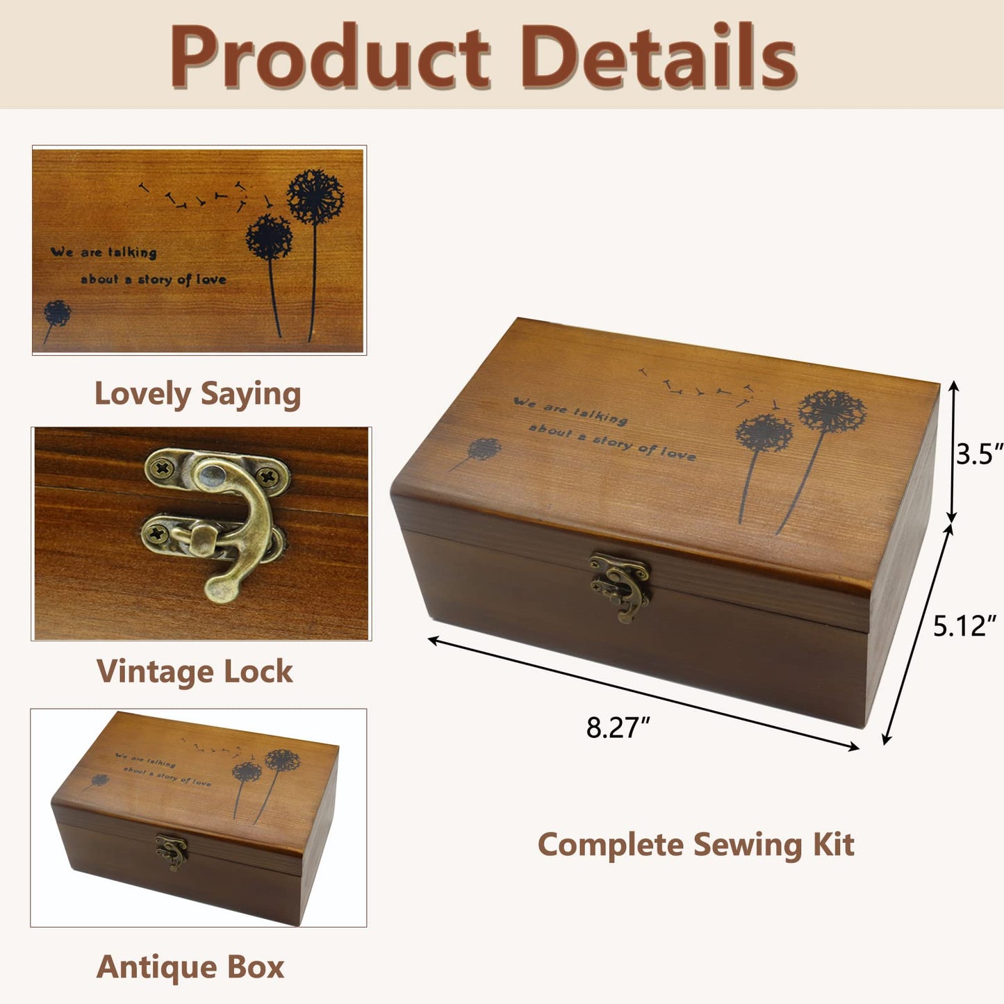 Flytreal Sewing Kit Box Basket, Wooden Hand Home Sewing Repair Tool Kit, Beginner Universal Sew Kit Accessories for Women, Men, Adults, Girls, Kids (Retro Dandelion)