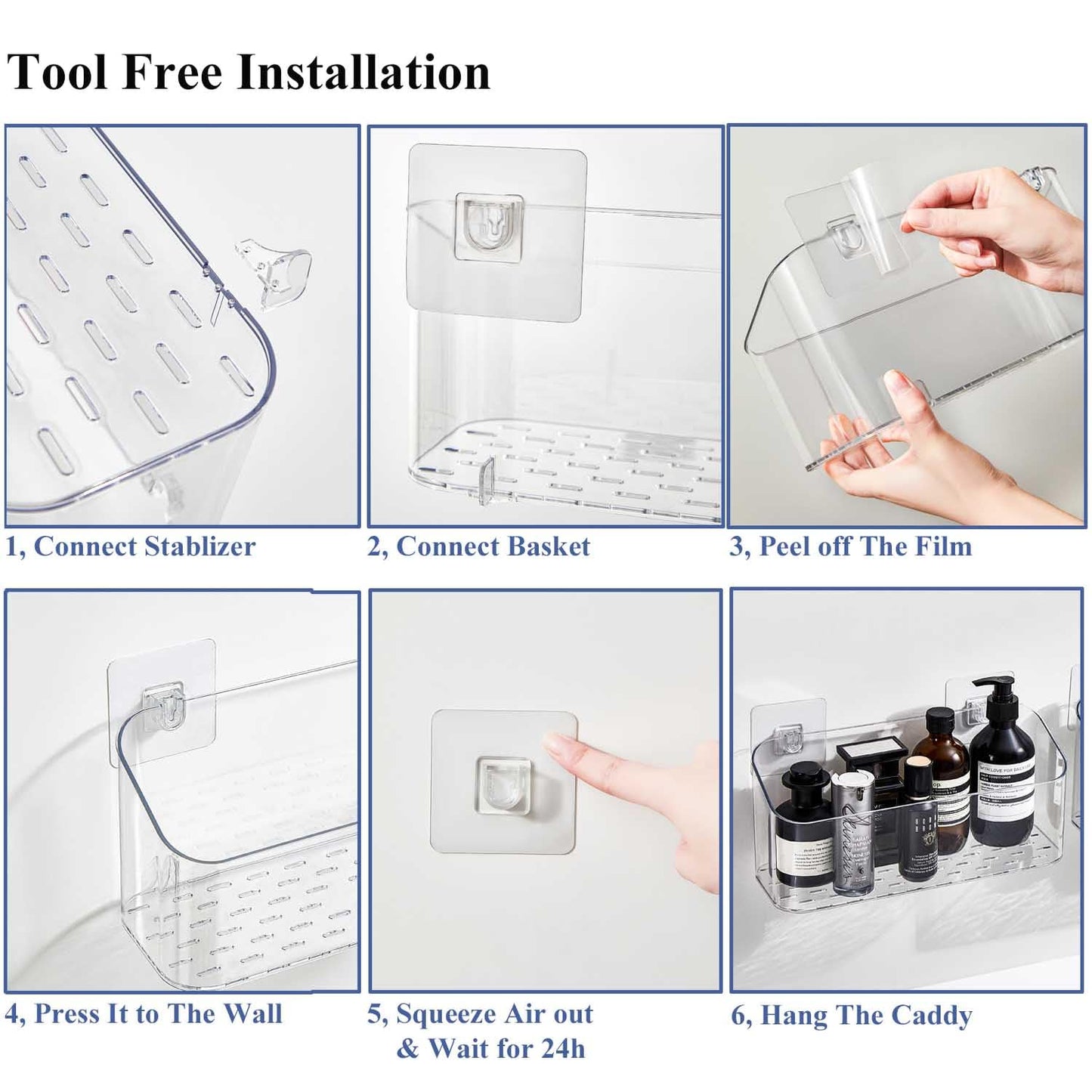 Eunion Bath Toy Storage Organizer, Bathtub Toy Storage Holder, Large Capacity Wall Mounted Shower Caddy Shower Organizer, No Drill Shelves Basket, Clear White, 2 Pack