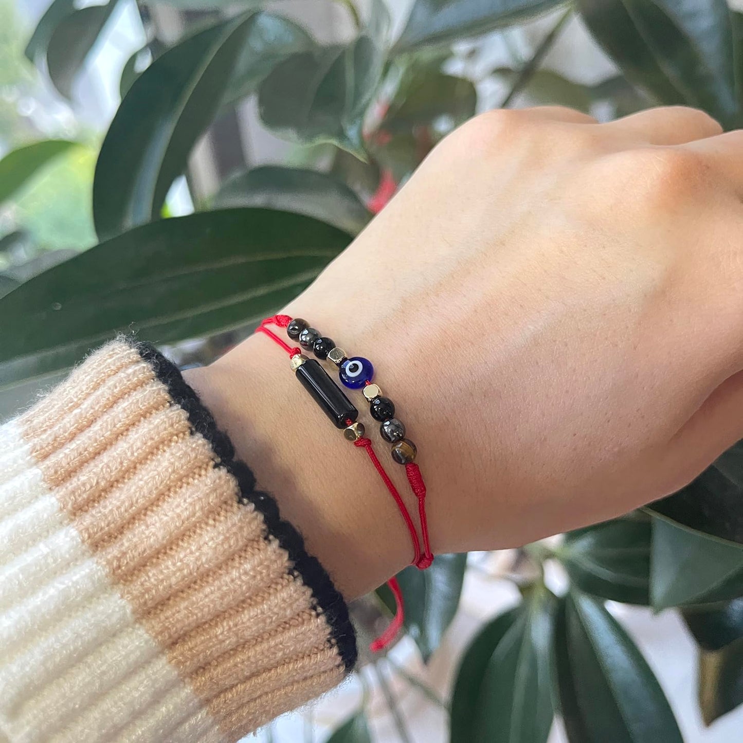 MTJAHPS Protection Bracelet, empath protection, black obsidian Crystals and Healing Stones Bracelet for Women ，Luck ，Anxiety and Stress Clam Bracelet (Evil Eye 7 Knot)