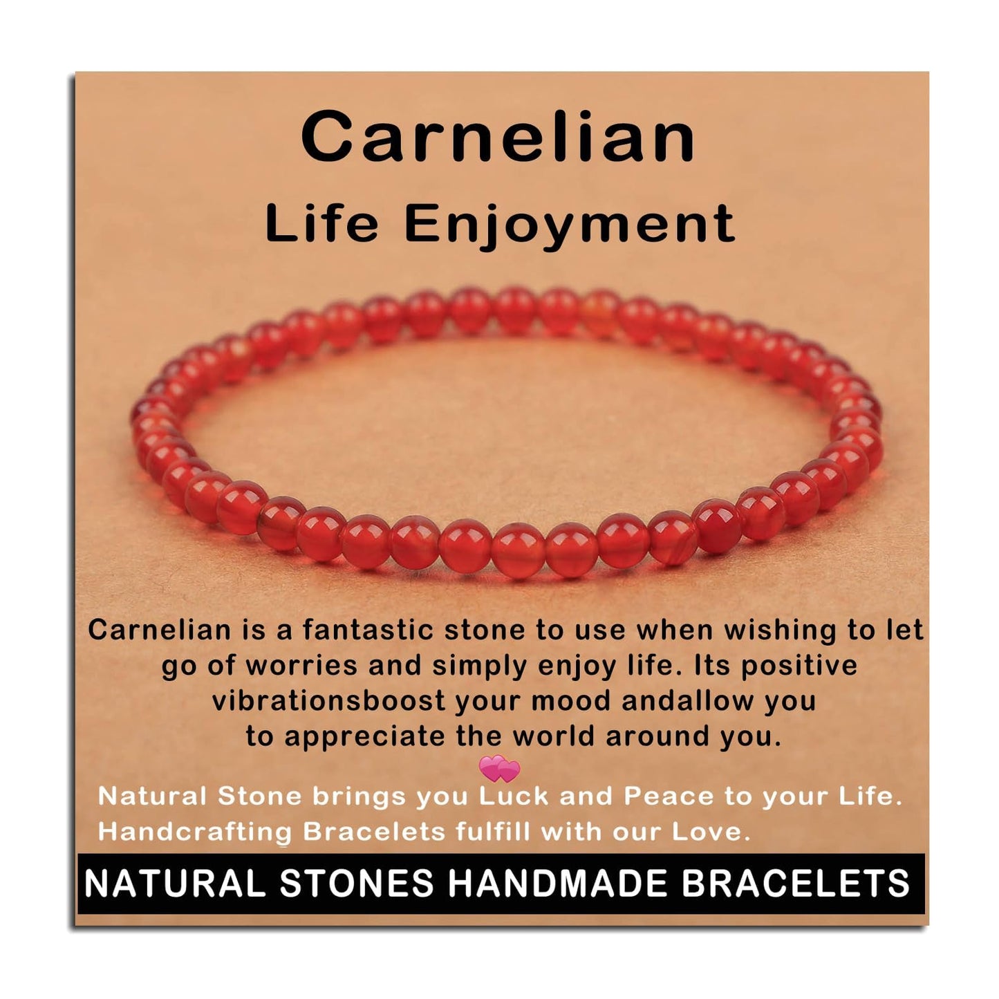 AD Beads Handmade Gemstone Stretch Elastic Bracelet Crystal Healing Reiki Nature's Beauty and Spiritual Essence Unisex (6mm, Carnelian (Life Enjoyment))