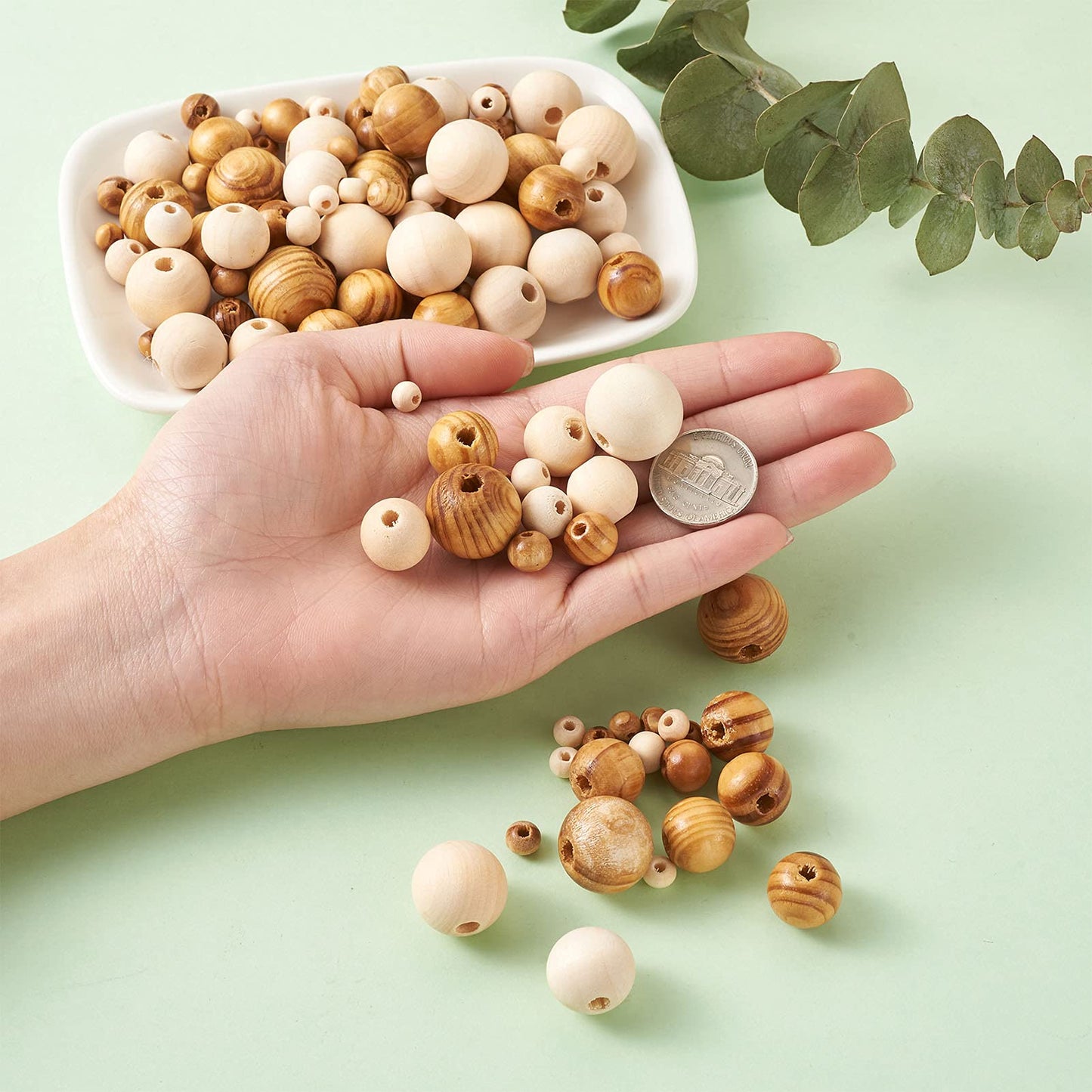 Craftdady 1010pcs Natural Wood Round Beads 7 Sizes Polished Wooden Ball Rondelle Loose Beads for Jewelry Bracelet Necklace Craft Making Home Party Decor
