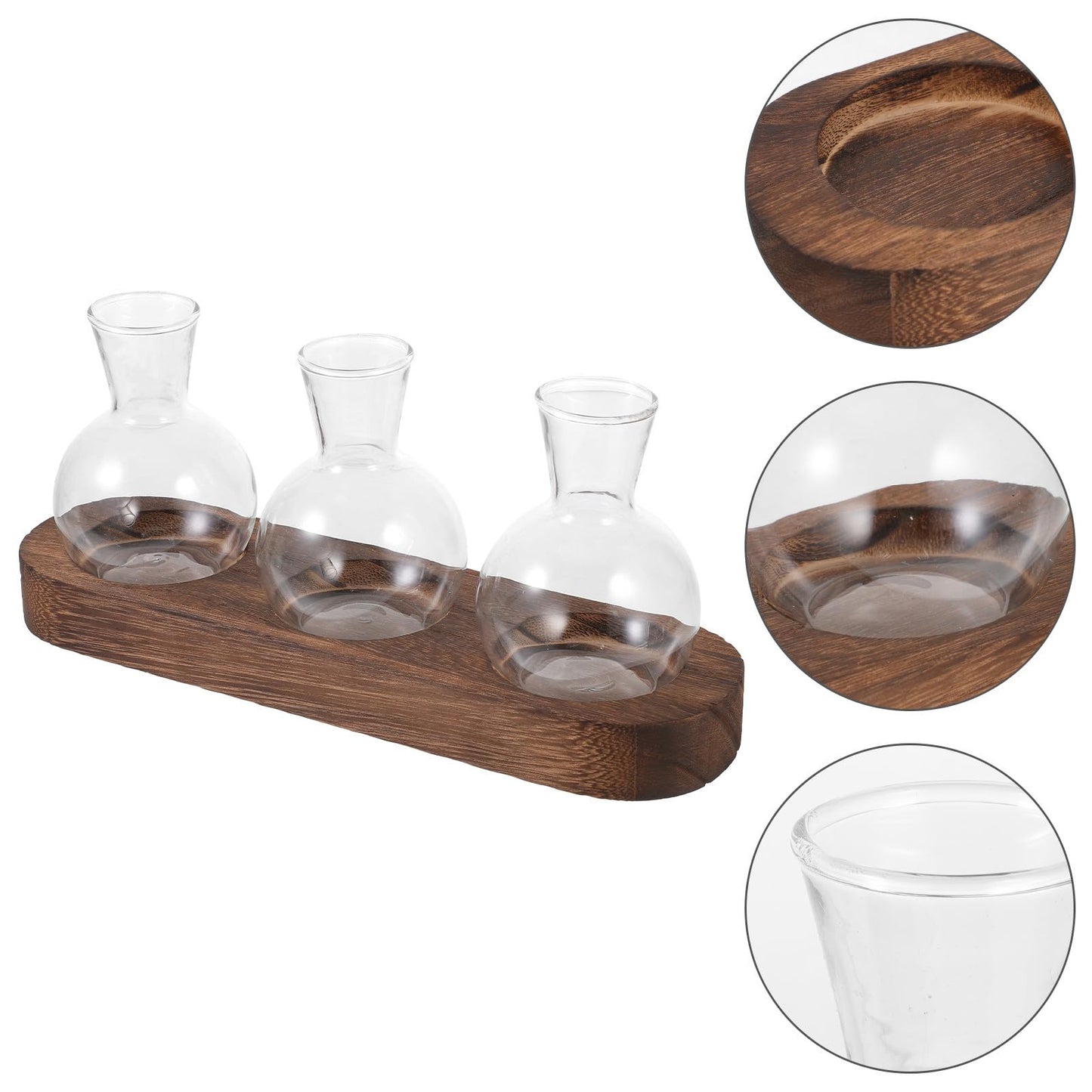 Gatuida Glass Hydroponic Flower Vase Set with Wooden Base, Table Glass Planter for Office and Home Décor, 3pcs Indoor Plant Terrarium Container