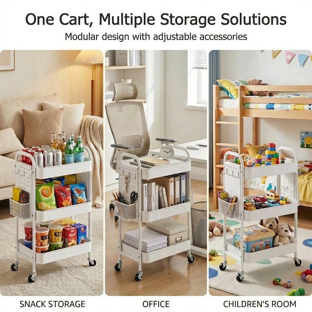 YanKiTour 3 Tier Rolling Cart with DIY Pegboards & Mop Holder, Metal Utility Cart with Wheels, Hooks and Bins, Storage Organizer for Bathroom, Laundry, Kitchen, Office, Craft Room (White)