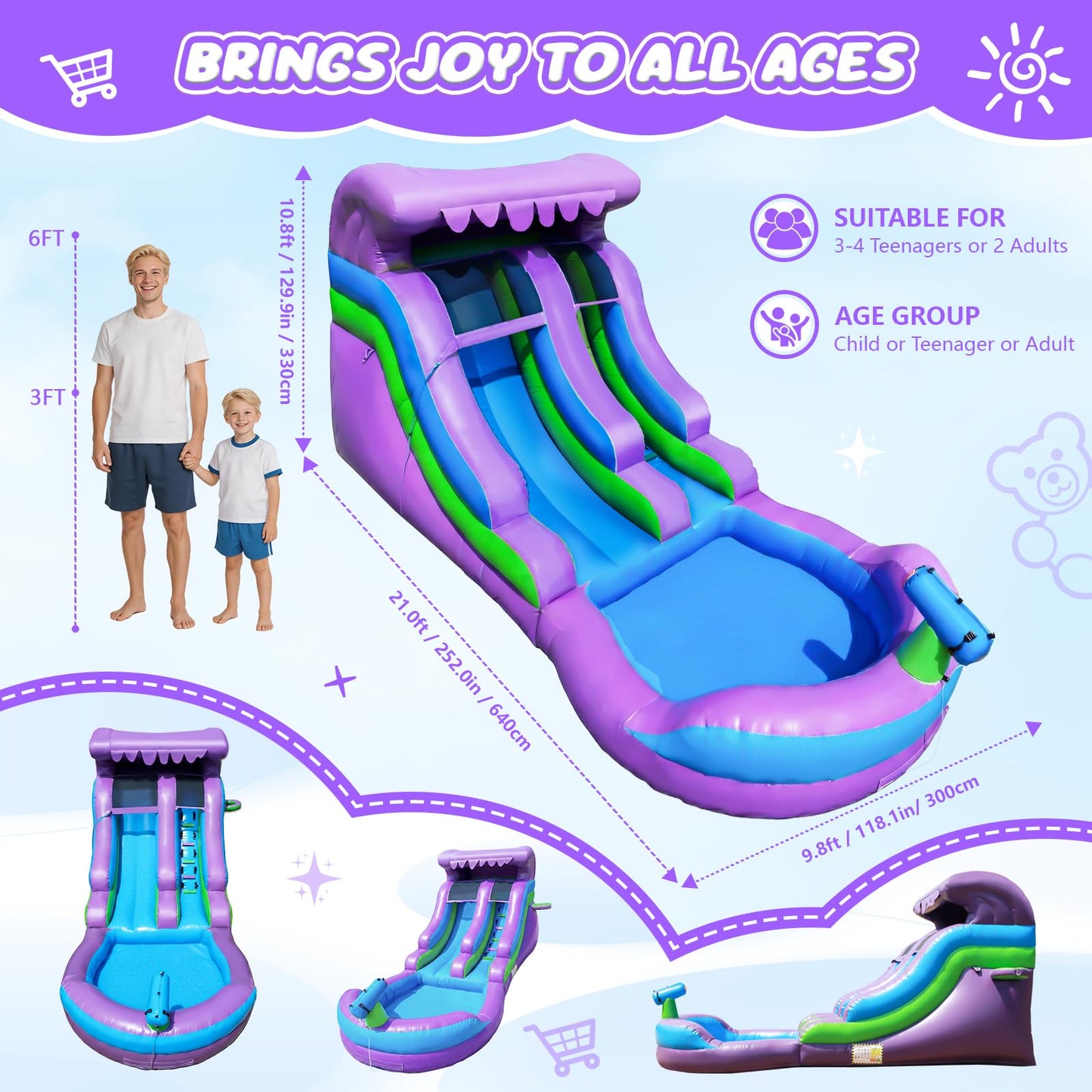 GYMMALL 21FT Inflatable Water Silde Commercial 100% PVC Grade for Adults and Kids, Blow up Heavy Duty Waterslide Bounce House with 750 W Blower and Large Pool for Outdoor, Party and Rental - Purple