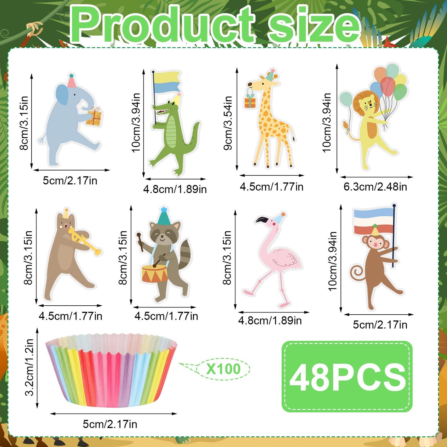 Potchen 148 Pcs Safari Cupcake Toppers and Rainbow Cupcake Liners Animal Parade Woodland Jungle Cake Decorations for Baby Shower Zoo Wild Animal Birthday Party Supplies