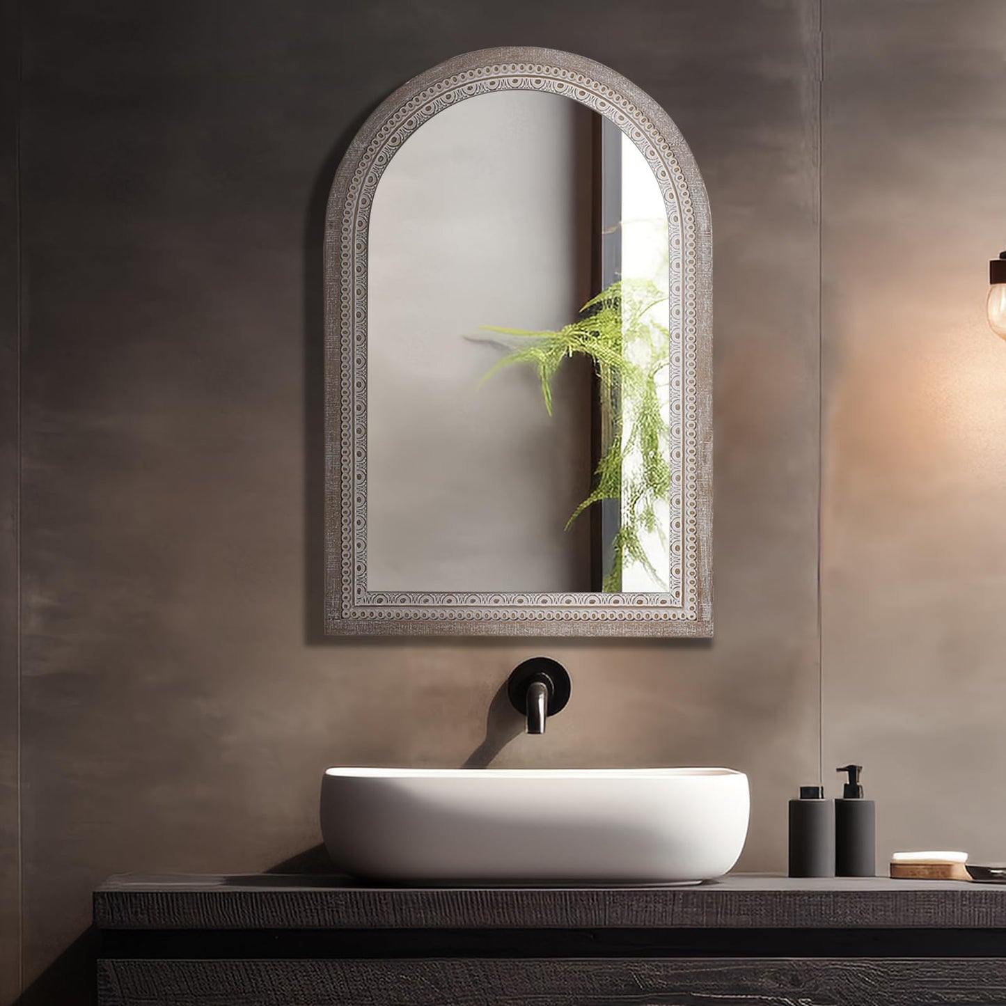 36x24 Inch Rustic Farmhouse Arched Wall Mirror, Boho Distressed Wooden Frame Decorative Arch Mirror for Bathroom Over Sink, Living Room, Entryway, Foyer