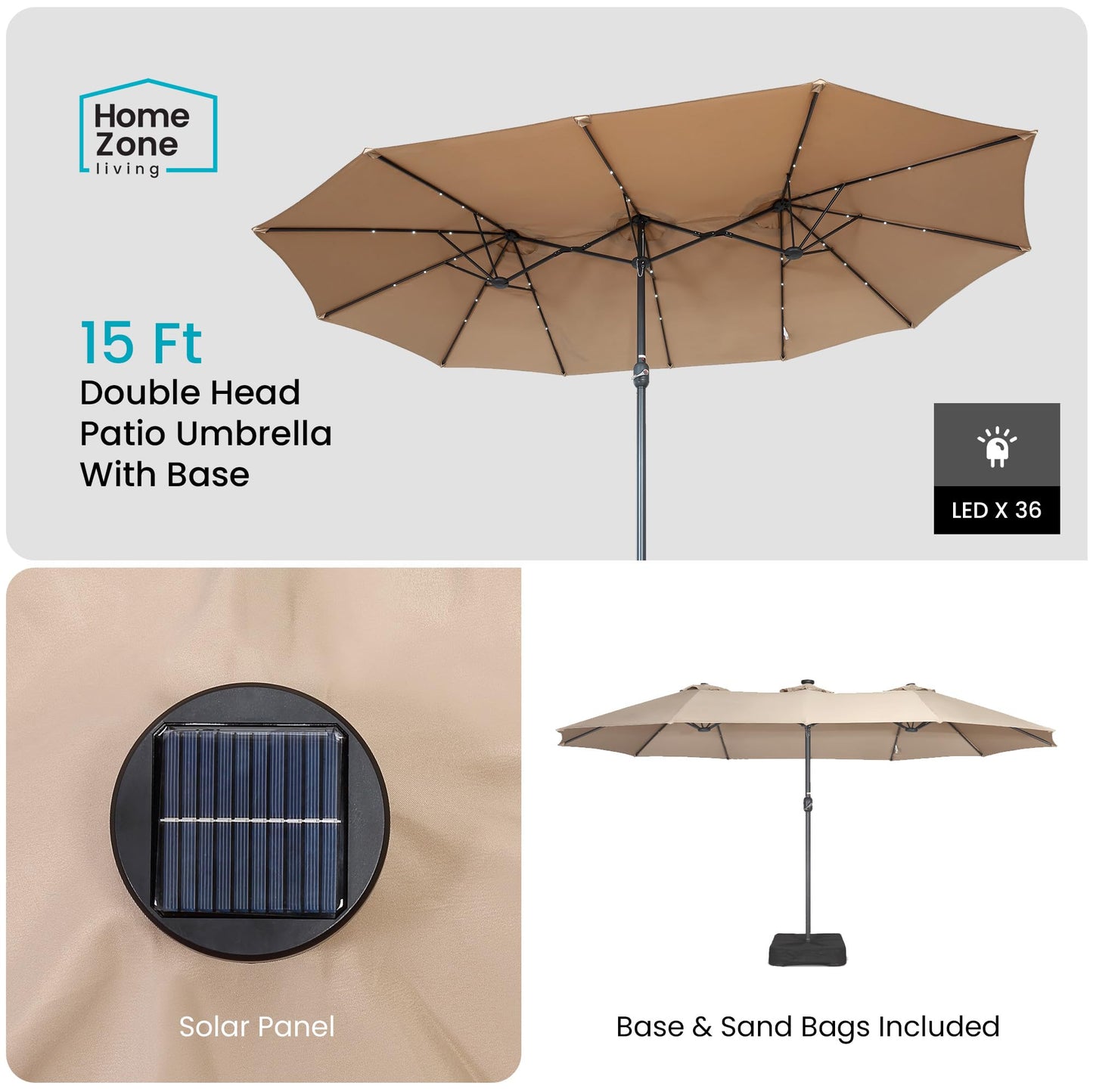 Home Zone Living 15x9 Ft Double Head Patio Umbrella with Base, 36 LED Lights, Sand Bags, UV Resistant & Waterproof, 213 LBS Total Weight, Beige Tan