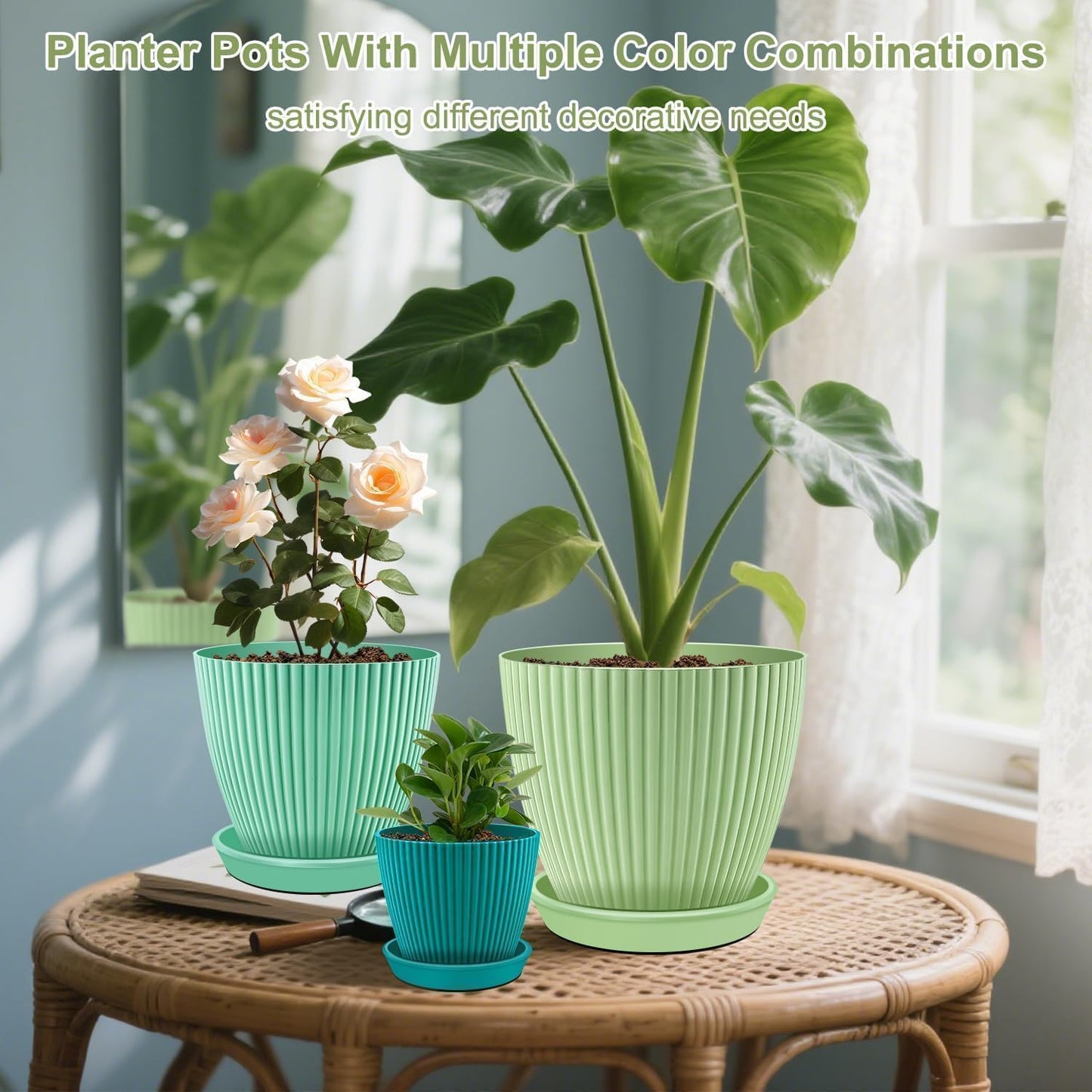 SupKing Plant Pots with Drainage Saucers 7.5/6.7/6/5/4/3.5 Inch Set of 6,Plastic Flower Pots Planters with Multi Mesh Drainage Holes Multicolor Nursery Planting Pot for Indoor Outdoor Garden Plants