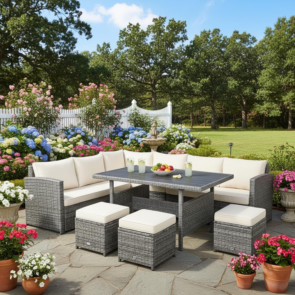 Tangkula 7 Pieces Patio Furniture Set, Outdoor Sectional Rattan Dining Sofa Set with Cushions, All Weather Wicker Conversation Couch Set with Dining Table & Ottomans for Yard Garden Poolside, White