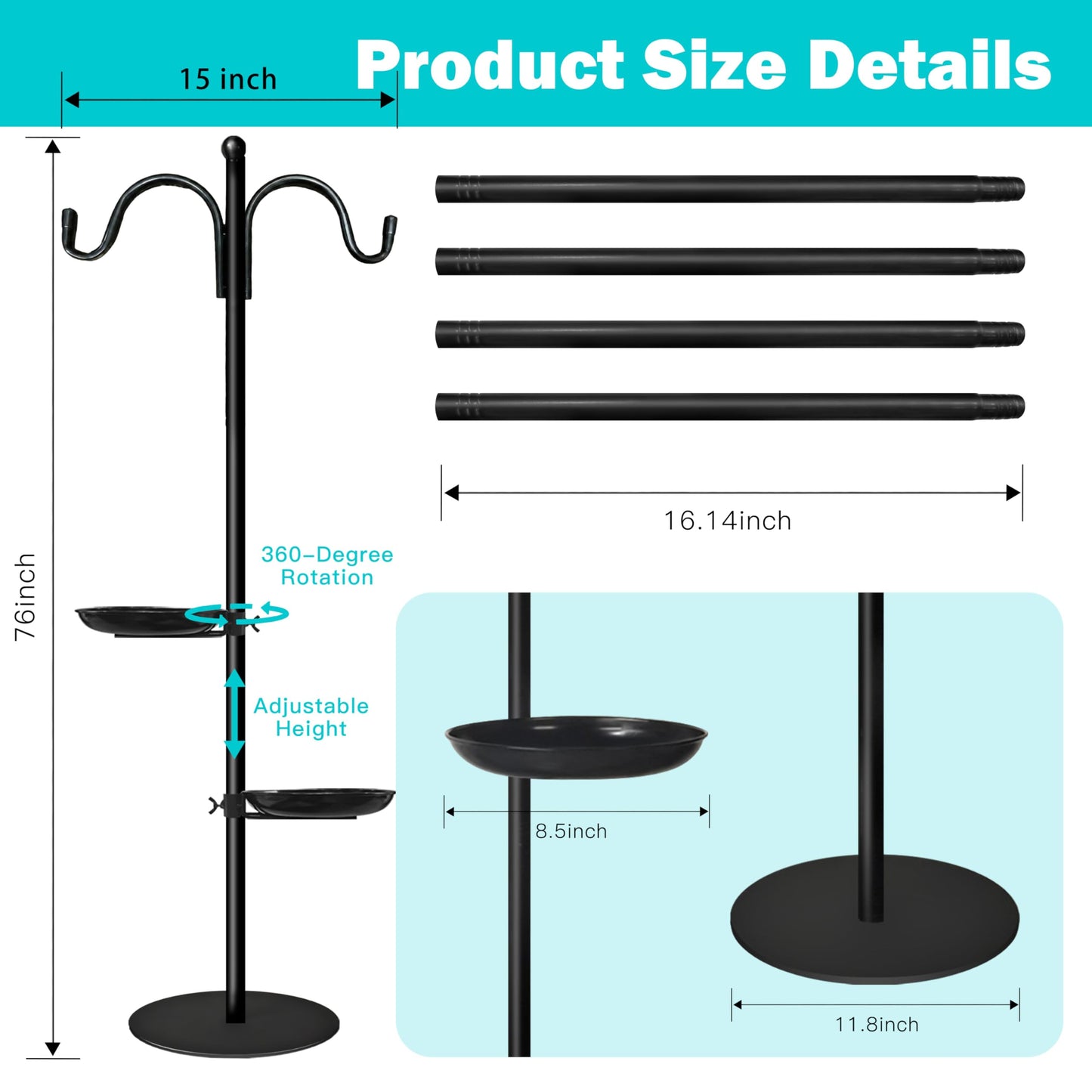 76" Thicken Shepherds Hooks for Outdoor - Dual Shepherd Hooks for Hummingbirds Feeder with 2 Stands, Bird Feeder Pole with a Flat Base for Deck, Plant Stand Indoor, Wreath and Wind Chimes Hanger