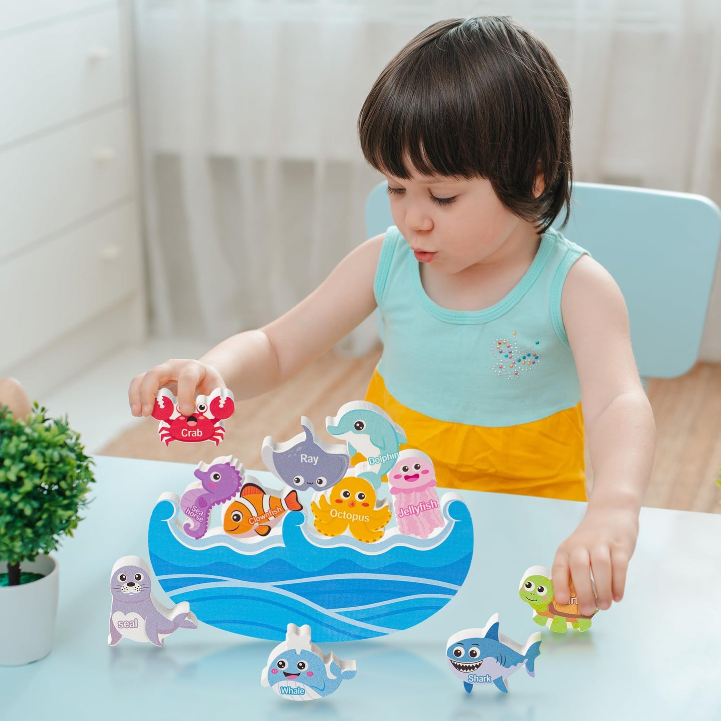 FoszaSzept Wooden Stacking Toys, Animal Wooden Balance Stacking Toys with Drawstring Bag, Montessori Balance Competition Storage Game for Party Favors Birthday Gifts（Ocean）