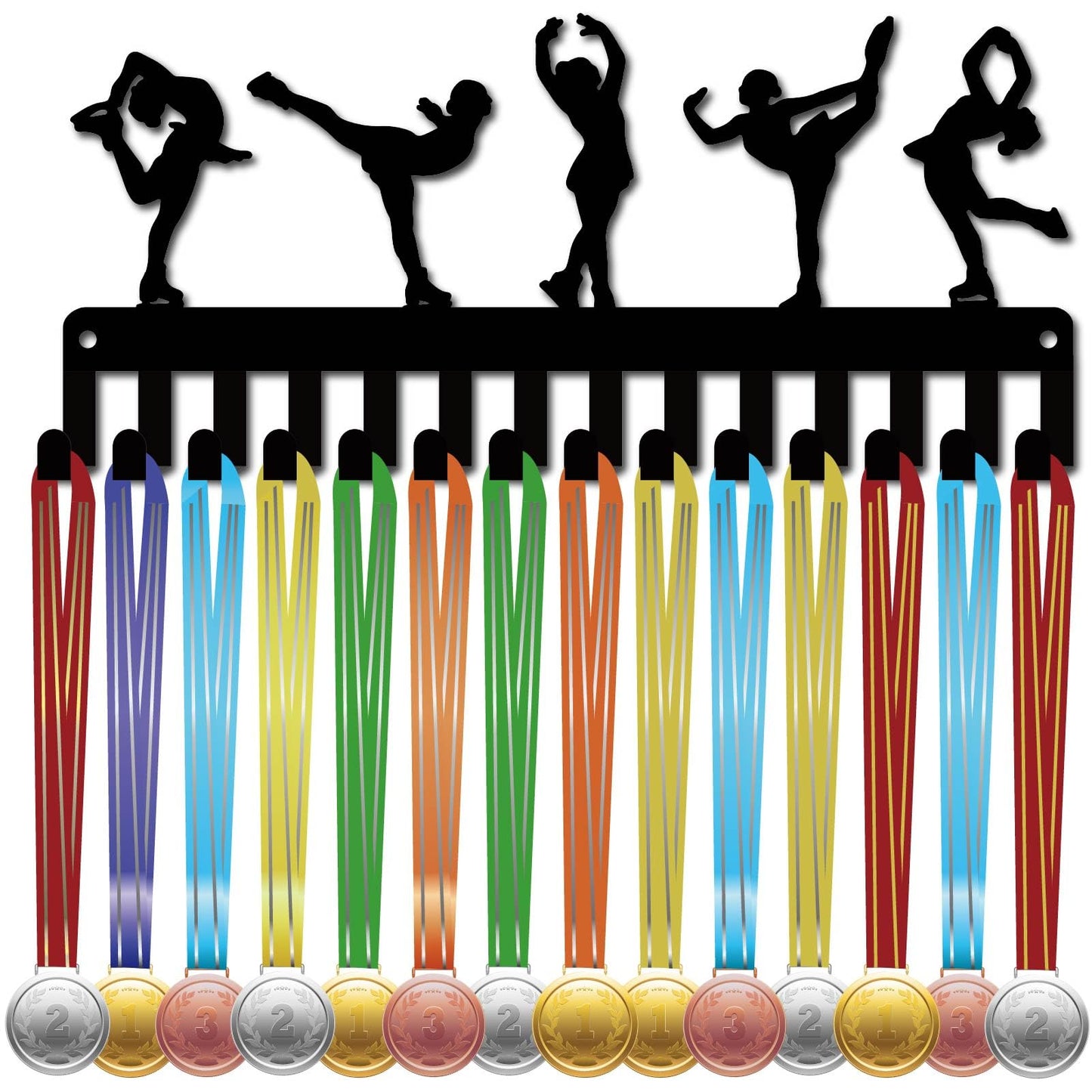 CREATCABIN Figure Skating Medals Holders Medal Display Hanger Small Rack Organizer Metal Ribbon Shelf Stand Frame Decor Wall Mounted Hanging with 14 Hooks for Athlete Sporter Black 11.4 x 5Inch
