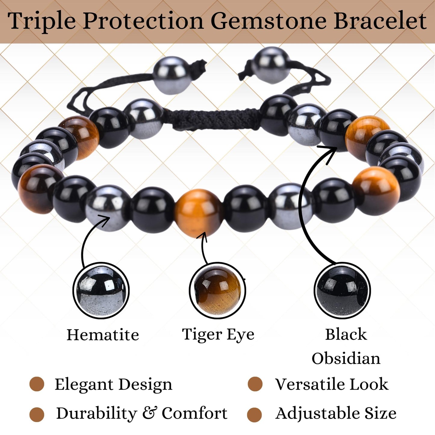 ANAYA AGATE Healing Crystal Bracelet – Chic Gemstone Bracelet for Men and Women – 8mm Round Bead Bracelets for Spiritual Healing, Protection, Positive Energy - Triple Protection
