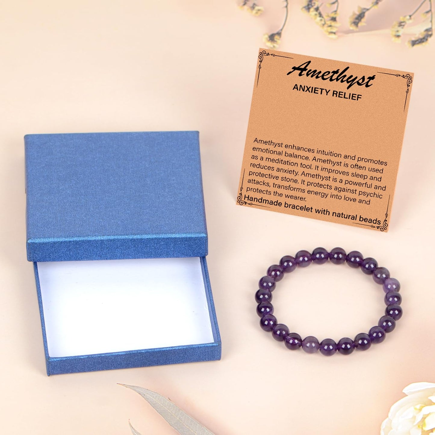 LPBeads Handmade Natural Gemstone Stretch Elastic 8m Amethyst Bracelet Healing Crystal Round Stone Beads Jewelry Gifts for Women Men