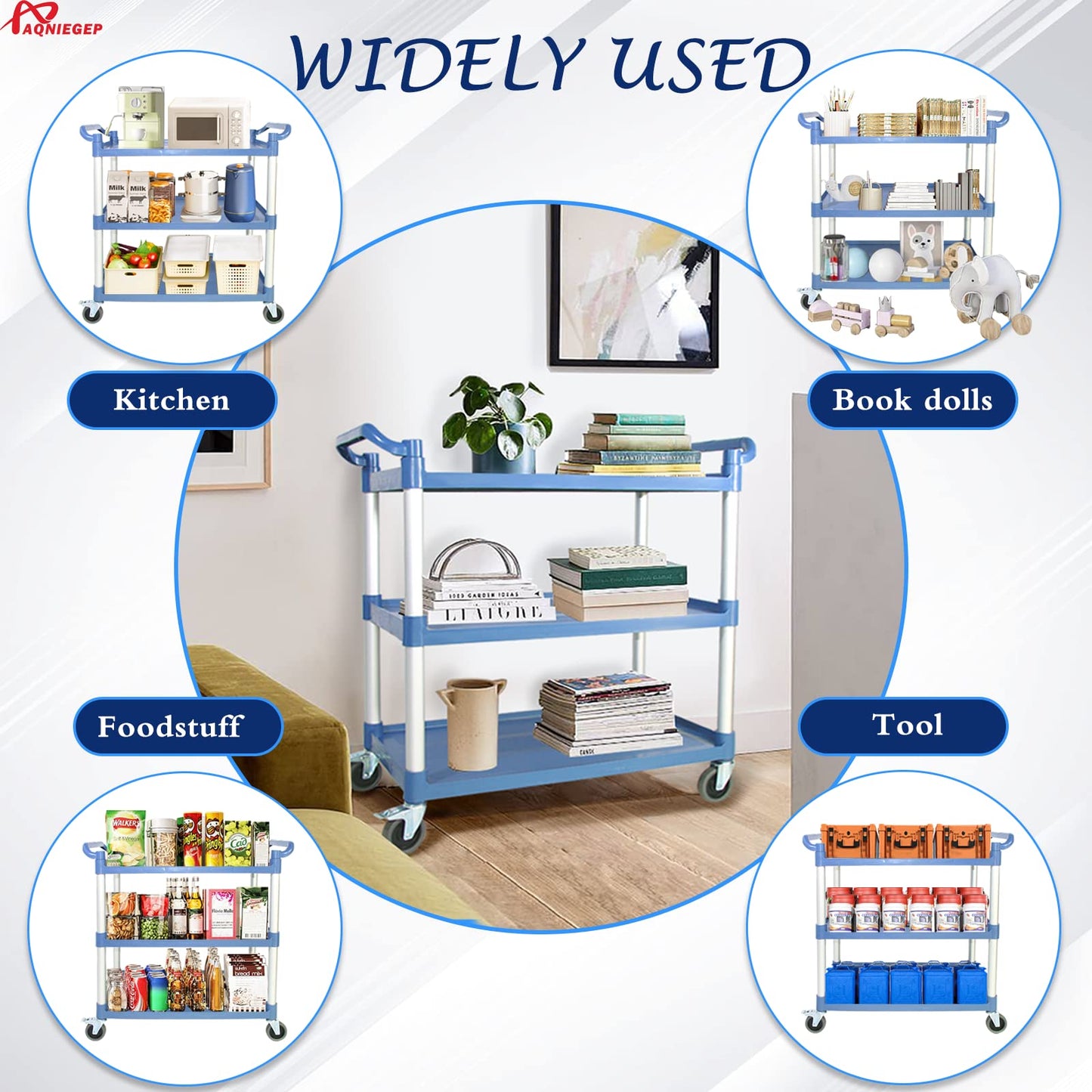 AQNIEGEP Utility Carts with Wheels, Large Food Kitchen Cart Heavy Duty, Rolling Service Cart w/Hammer for Restaurant, Office, Commercial, 600lbs Capacity, Lockable Wheels, 3-Tier