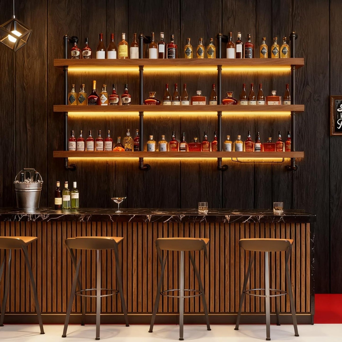 Dawselod 55.1in Large Wine Rack with LED Light Solid Wood Wall Mounted Wine Rack, 3-Tiers Liquor Bottles Floating Shelves Display Storage Organizer for Home Bar & Dining Room (140cm/55.1in)