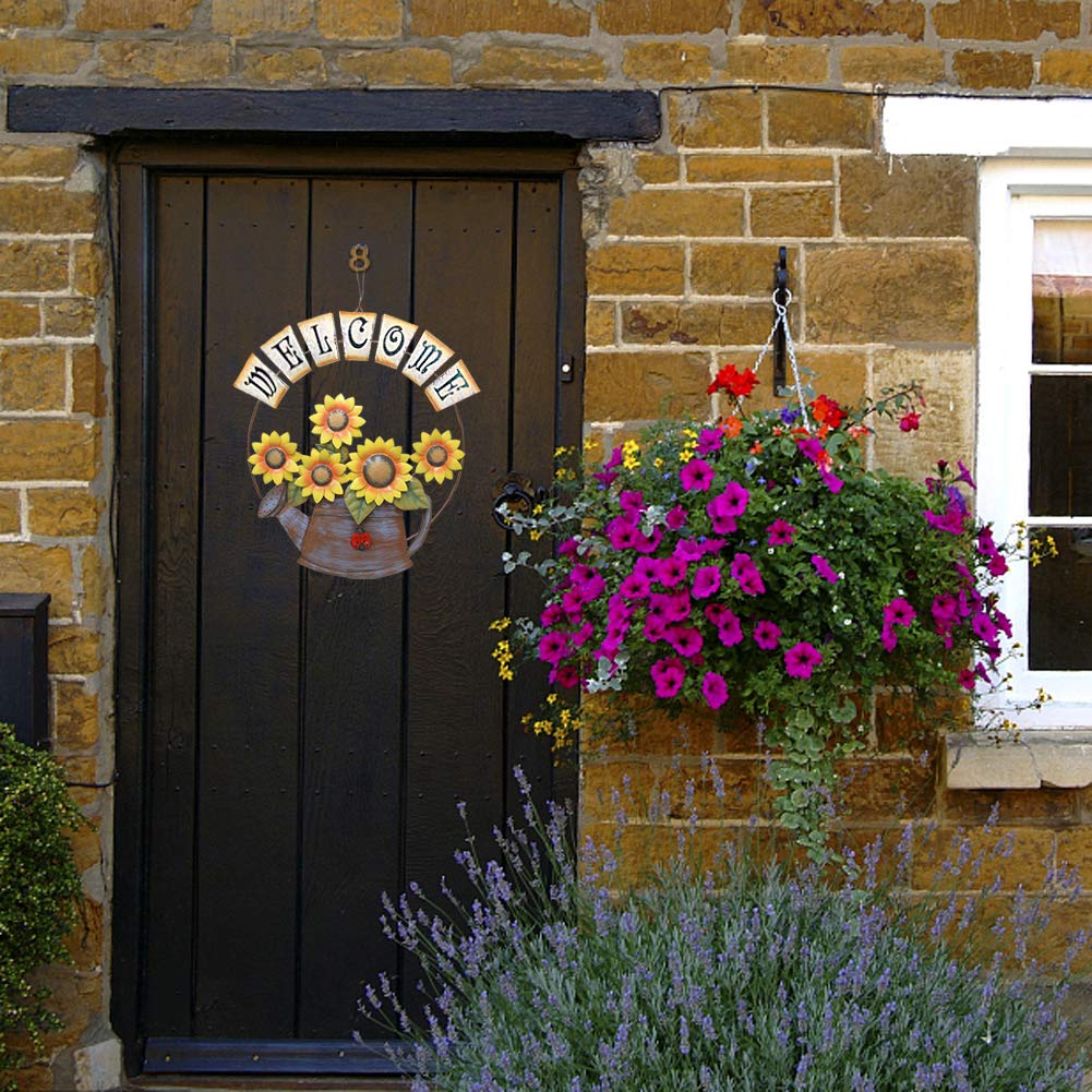 Sunflower Welcome Sign Metal Hanging Welcome Plaque for Wall Front Door - Decorative Flower Yard Signs Spring Wreath Decor for Garden Porch Patio Backyard (C)