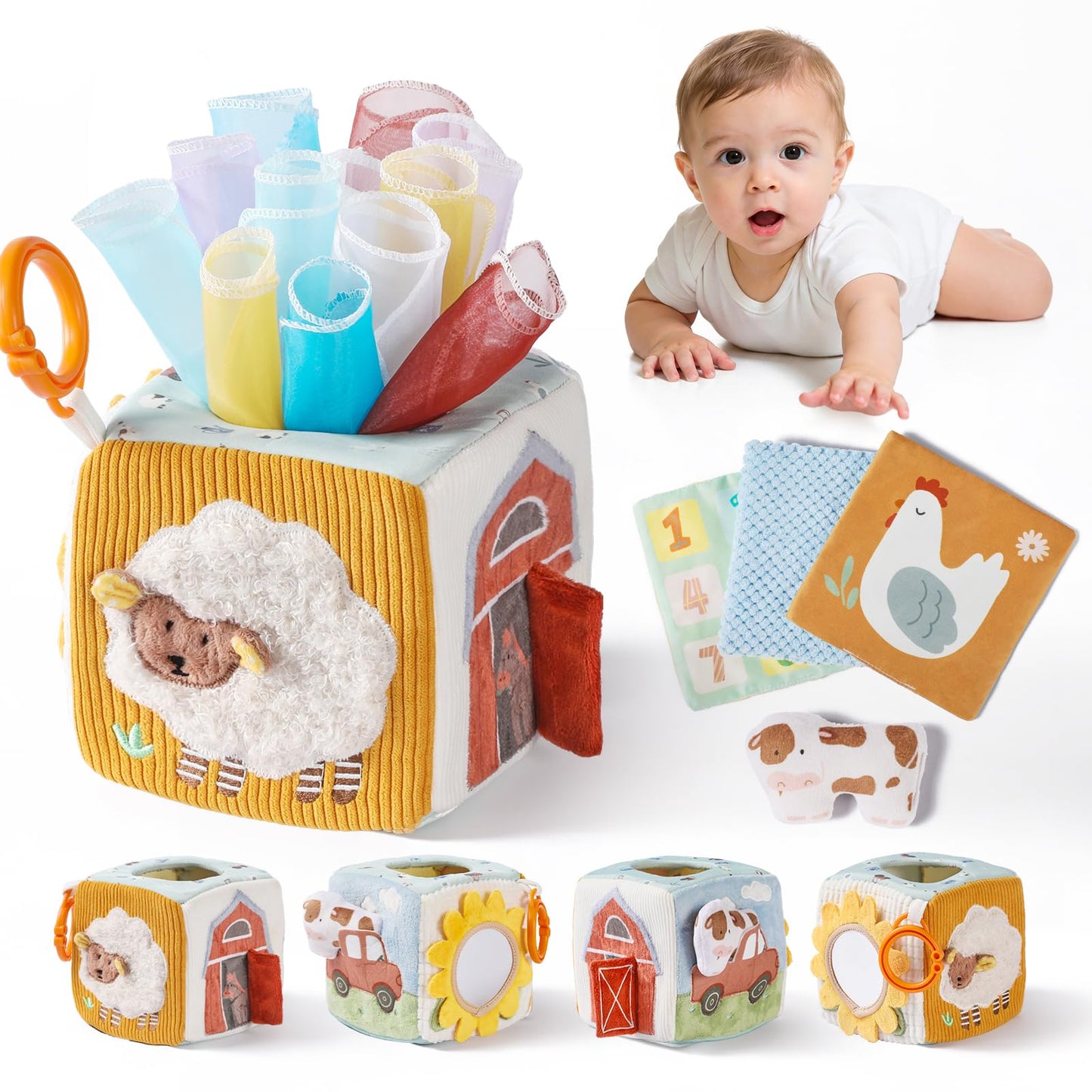 let's make Baby Tissue Box Toy, Farm Montessori Sensory Toys 6-12 Months, Play Silks & Crinkle Tissues with 3D Corduroy, Mirror, Squeaky Cow & Travel Clip - Fine Motor Skills Baby Girl Boy Gifts