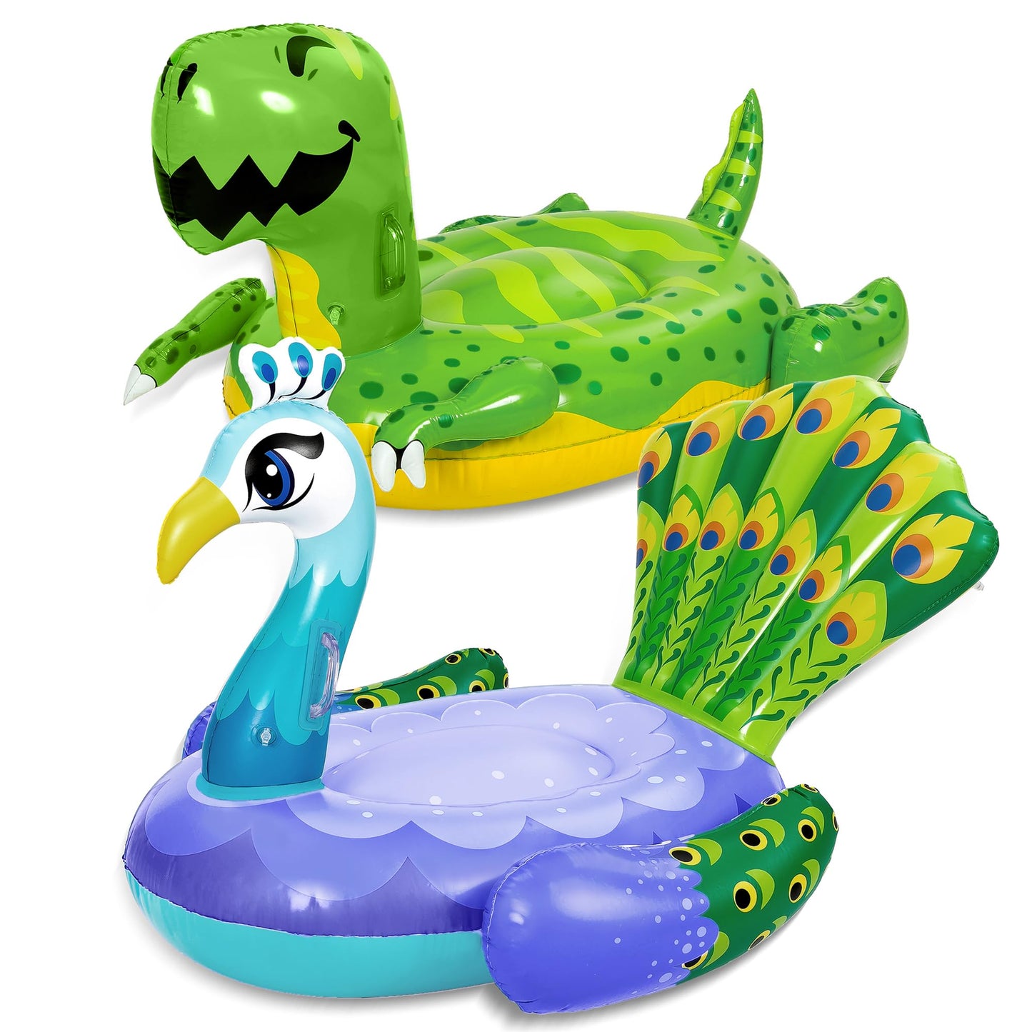 Sloosh 2-Pack Inflatable Dinosaur & Peacock Pool Floats Set, Fun Beach Floaties for Swim Party Decorations Toys, Inflatable Island, Summer Pool Raft Lounge Ride On for Adults Kids
