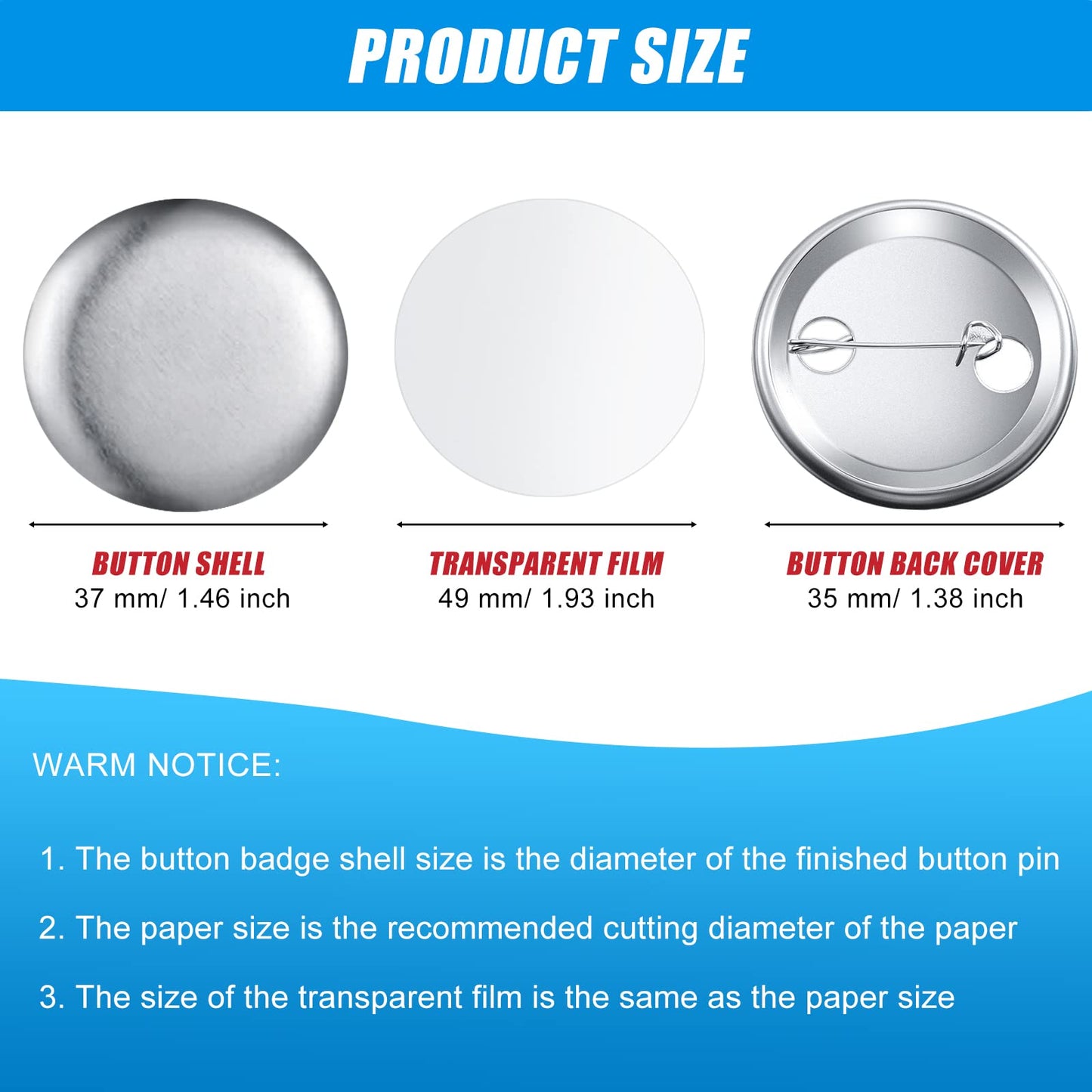 300 Pieces Blank Button Making Supplies Round Badge Parts Metal Pin Badge Kit for Button Maker Machine, Including Metal Shells Back Cover and Clear Film(1.46 Inch,Silver)