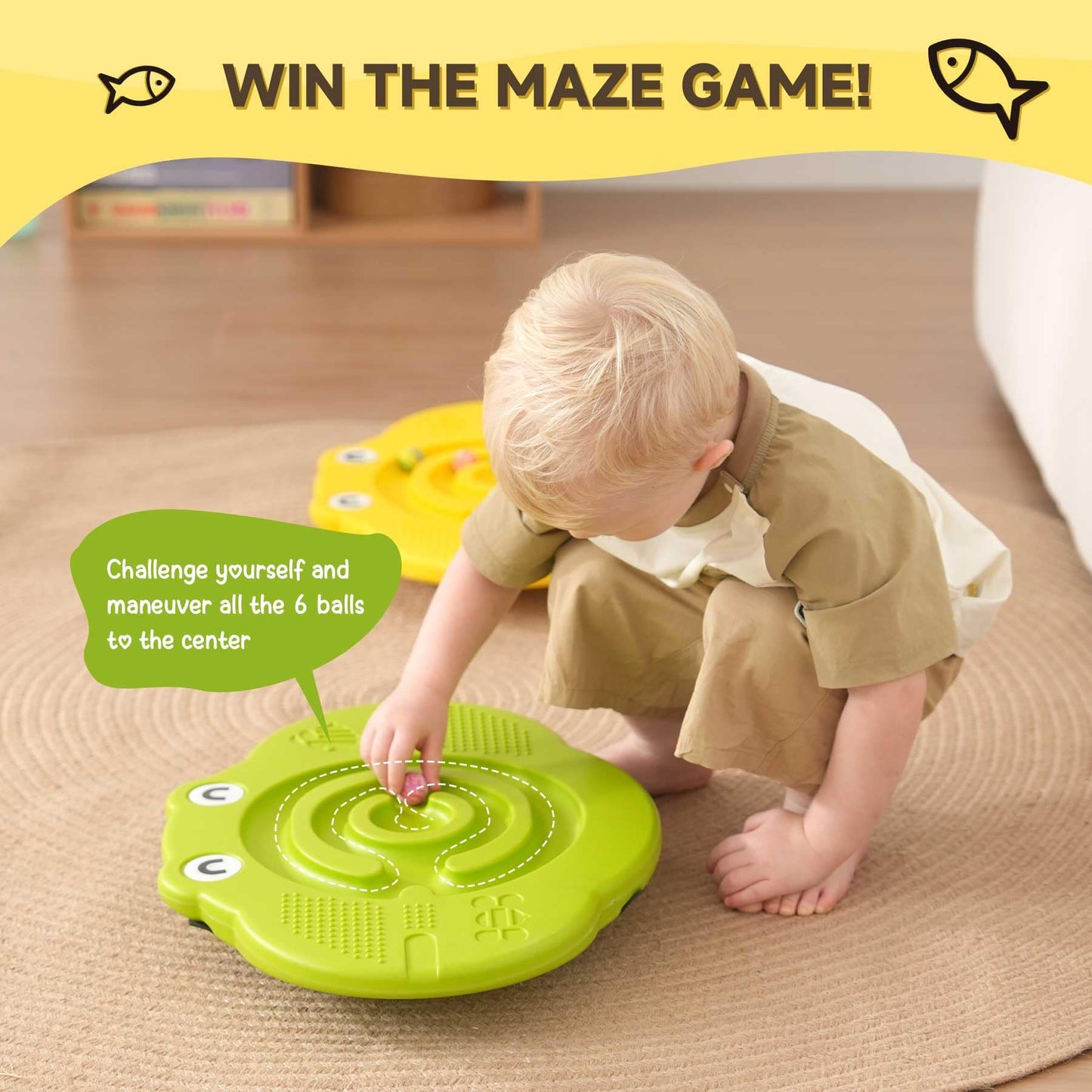 JUNGLE WELL Wobble Balance Board for Kids – Yellow Frog Design with Maze Track & Balls | Dual-Sided Sensory Rocker Board | Non-Slip Tactile Surface | Supports Up to 200lbs | Perfect for Toddlers & Parent-Child Play