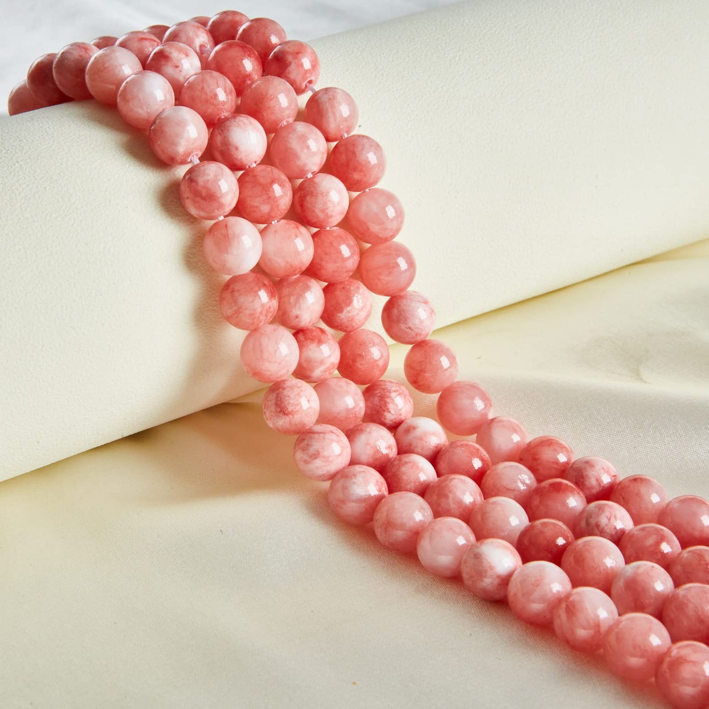 35pcs 10mm Pink White Jade Beads Natural Gemstone Beads Round Loose Beads for Jewelry Making