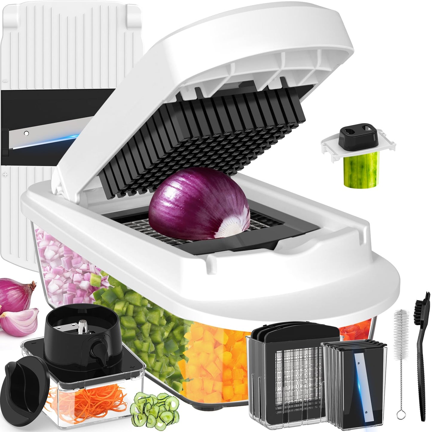 12 Blade All-in-1 Vegetable Chopper Mandoline Slicer with Container, Spiralizer with Containers, Food Chopper, Onion Chopper, Veggie Cutter for Salad, Kitchen Gadgets Accessories Essentials, White
