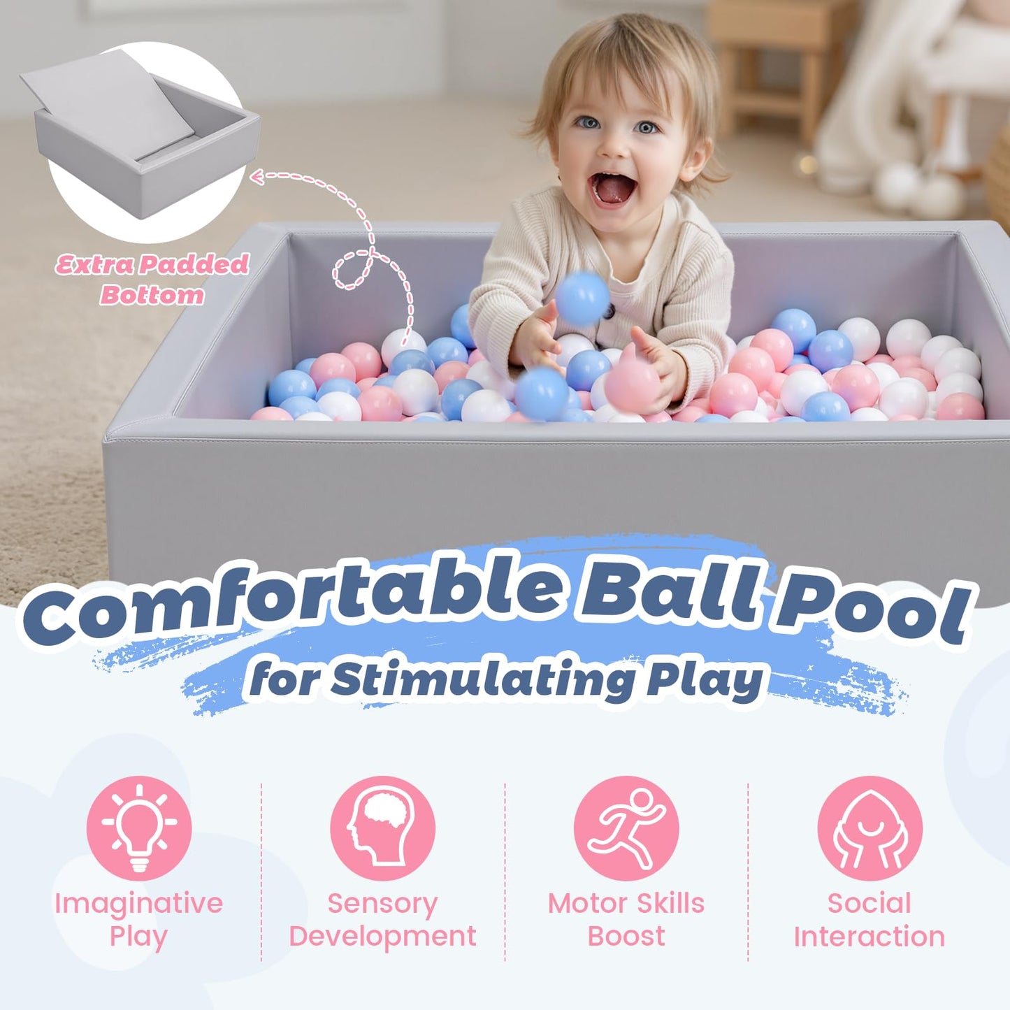 Leather Foam Ball Pit for Toddlers: Waterproof Baby Ball Pit with Soft Memory Foam - Large Soft-Play Set for Baby Playpen Indoor Outdoor Games - Ideal Gifts Toys for Boys Girls (Rectangle)