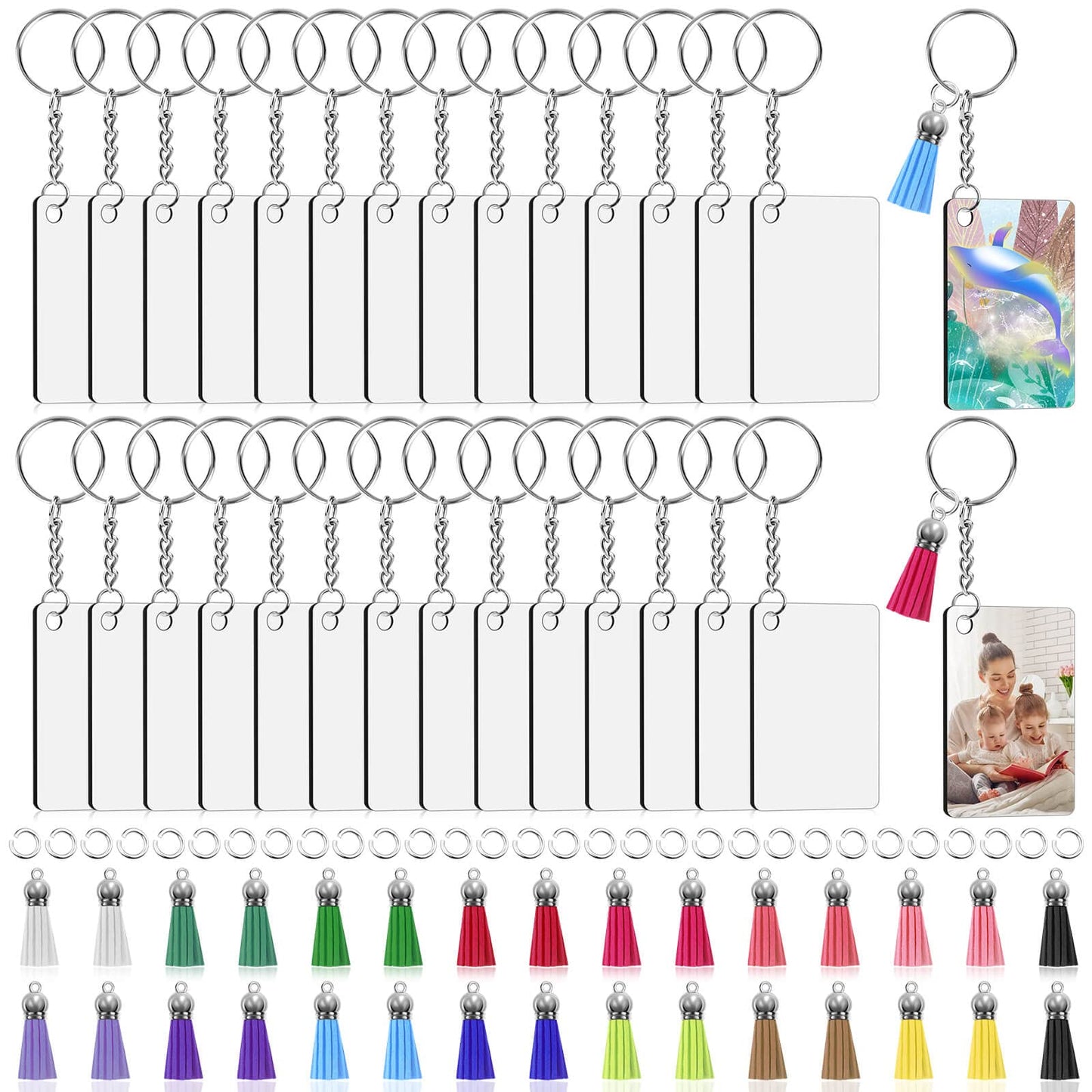 Modacraft 120Pcs Sublimation Keychain Blanks Bulk Set with Rectangle Sublimation Blanks Tassels Keychain Rings & Jump Rings for DIY Keychains Crafting
