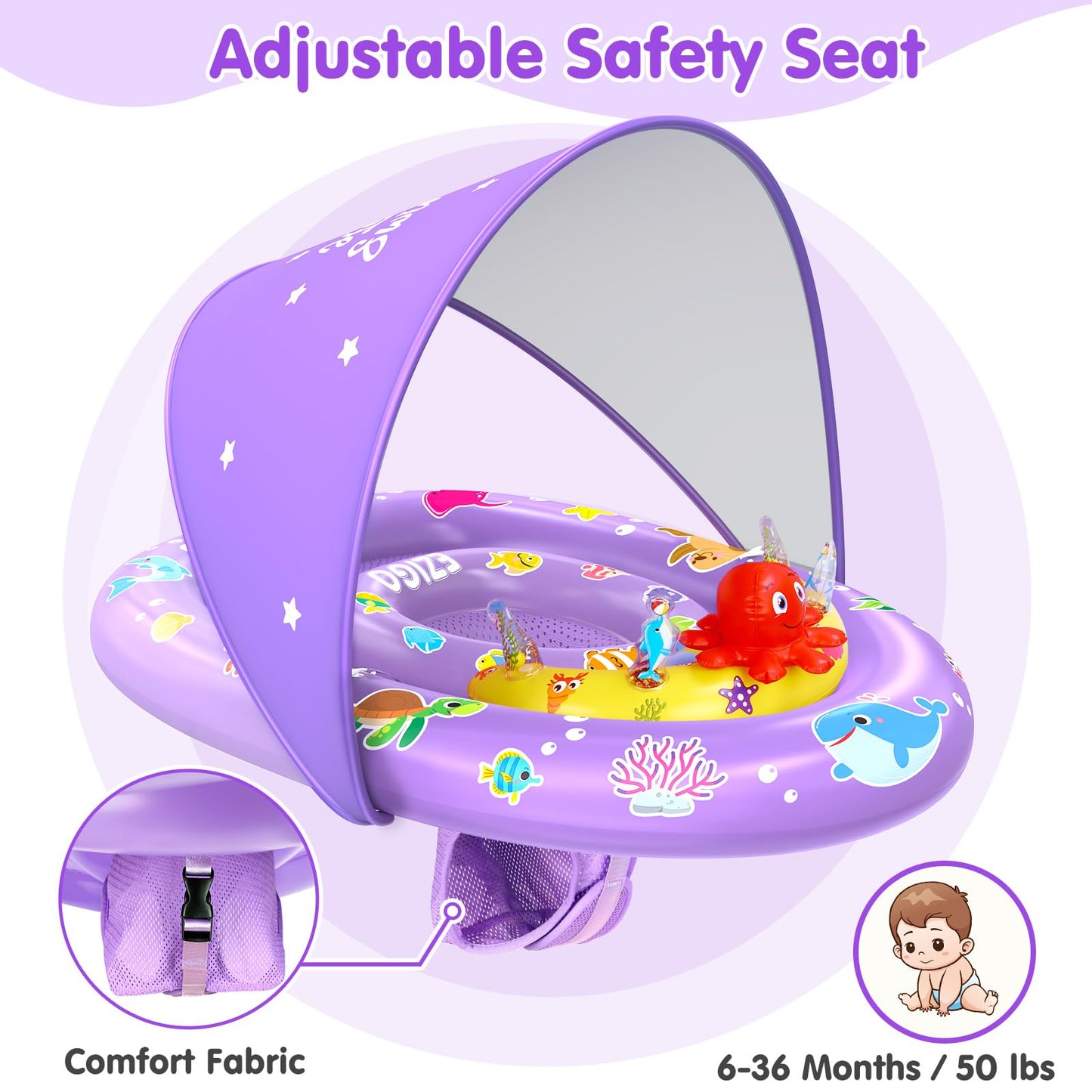 EZIGO Baby Pool Float with Canopy UPF 50+ Sun Protection, Double Air Chambers Infants Swimming Floats with Sound Toys Adjustable Safety Seat Toddler Float for Boys and Girls 6-36 Months (Purple)