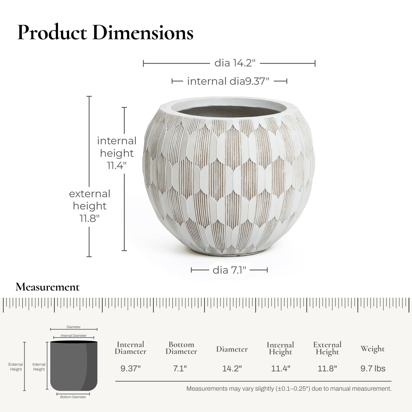 LuxenHome 14" Dia Round Concrete Planter, Indoor Outdoor Large Plant Pot with Drainage Hole and Rubber Plug, Flower Pot for Plants, Modern Geometric Weathered Planter Pot for Home Patio Garden