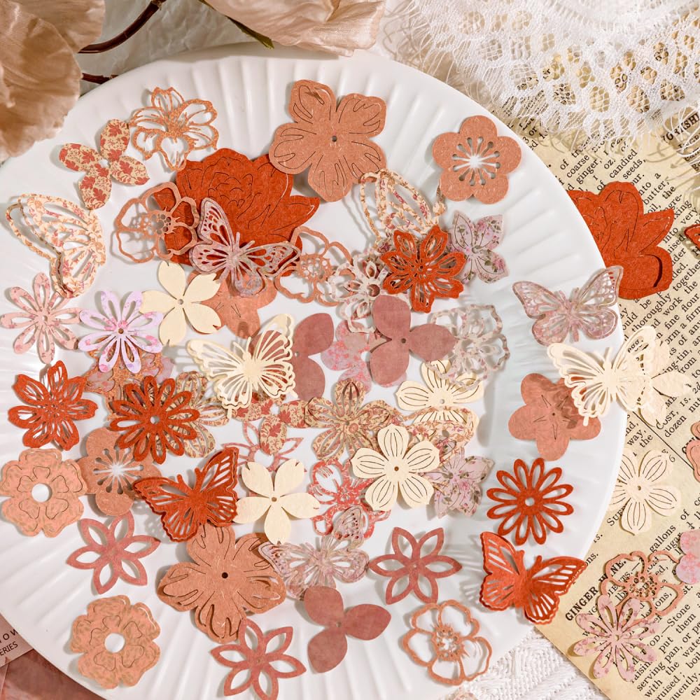 Diuhofart 300pcs Scrapbook Paper Cutouts Lace Flowers Butterfly for Scrapbooking Embellishments Supplies, Junk Journaling, Card Making, Mixed Media, Vintage Diecut Floral Collage Materials