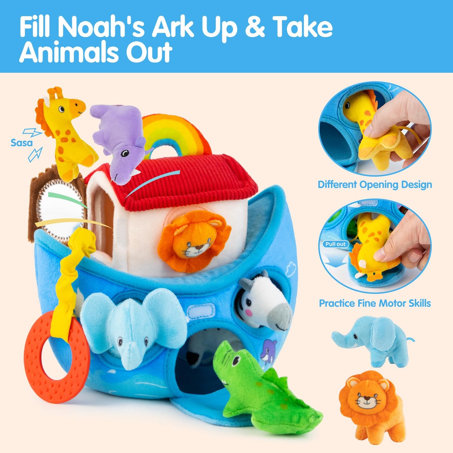 Baby Toys 6-12 Months - Noah's Ark Toy with Stuffed Animals, Baptism Gifts for Boys Girls, Montessori Toys for 6 Month Old Babies Sensory Tissue Box Toy for 1 Year Old
