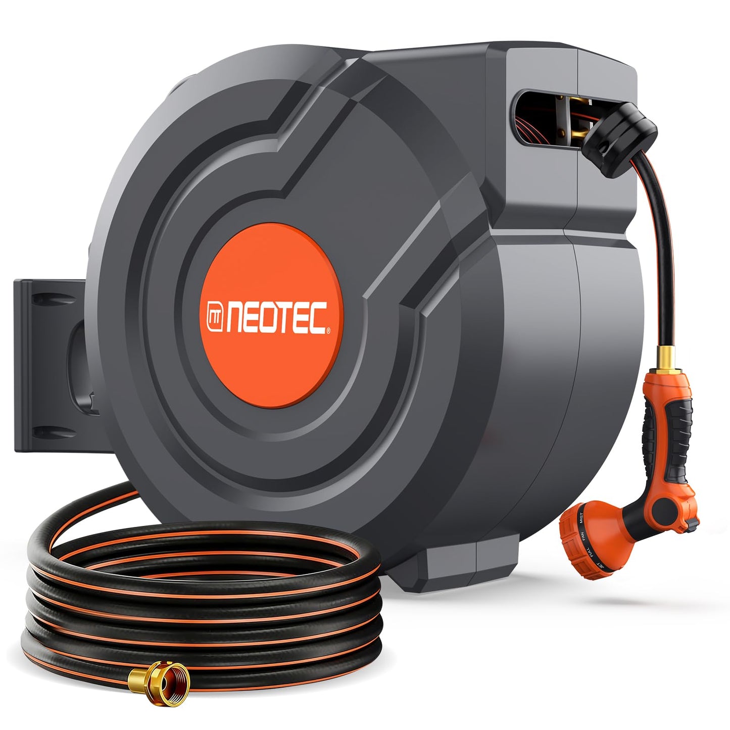 Retractable Garden Hose Reel 90 ft x 5/8 inch Automatic Slow Return 9 Sprayer Nozzle Any Length Lock Heavy Duty Wall-Mounted Hose Reels for Outside 180° Swivel UV Resistant