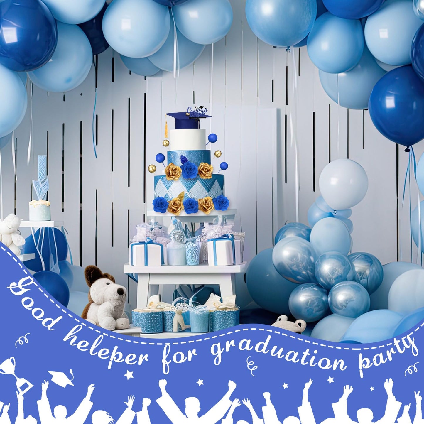 Jingmore Graduation Cake Kit Included Felt Graduation Cap Diploma Classic Black Congrats Grad Cupcake Toppers Beads Leaf Flowers Cake Decorations for Class of 2026 Party(Blue and Gold)