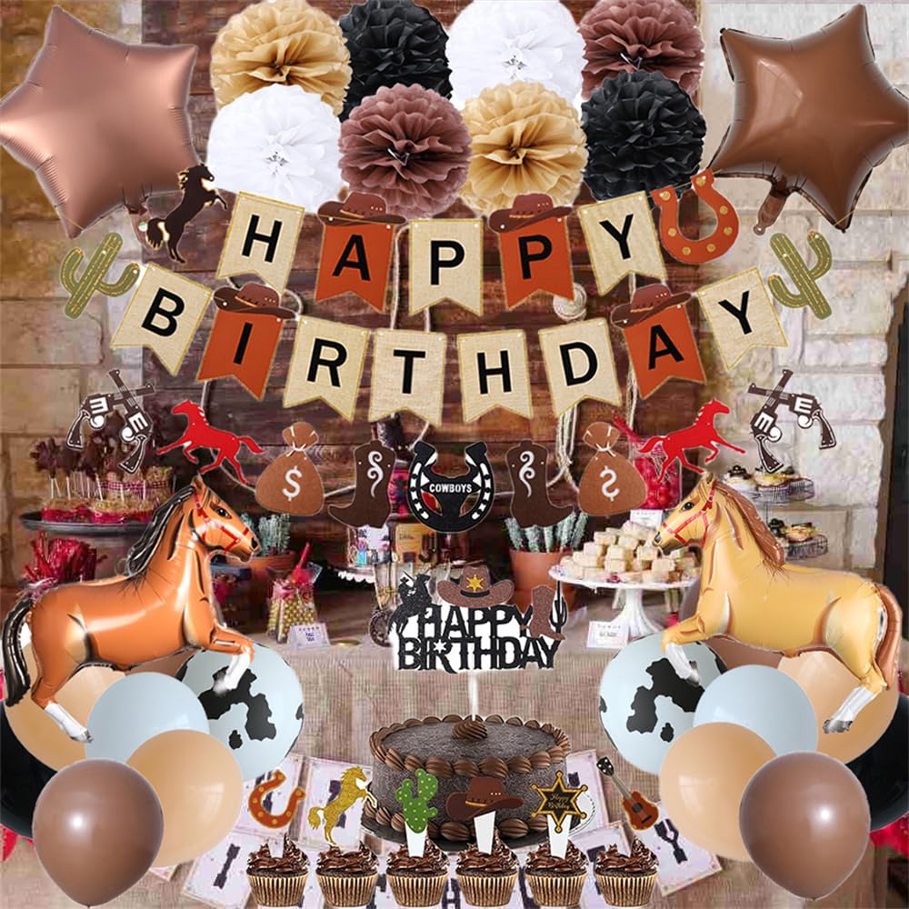 Western Cowboy Birthday Party Decoration, First Rodeo Retro Theme Party Supplies for Boys With Birthday Banner Horse Balloon Kit Star Balloons Tissue Pom Poms Cake Toppers