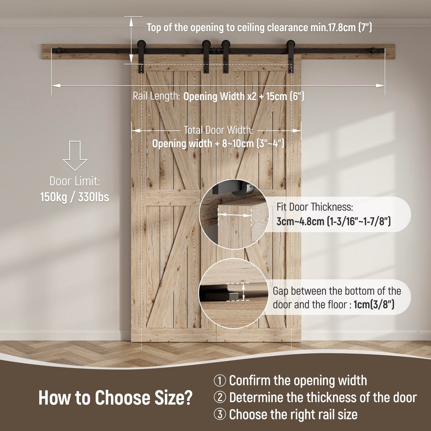 CCJH 20FT/236“ Sliding Barn Door Hardware Kit, Heavy Duty, Smoothly and Silently, Easy to Install, Fit 60" Width Double Door Panel, I Shaped Hangers Black