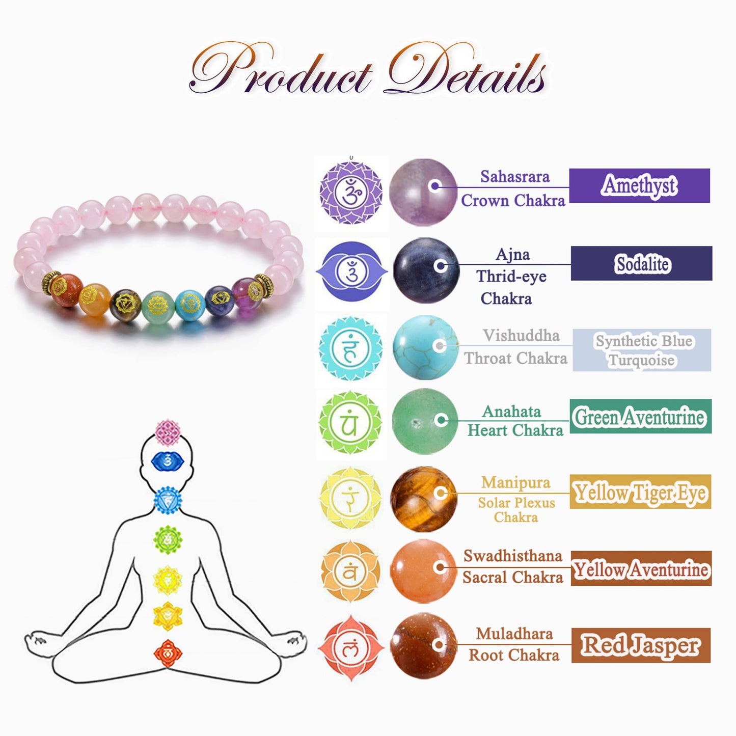 VadiForest Natural 8mm 7 Chakra Stone Crystal Bracelet Reiki Rose Quartz Healing Crystal Gemstone Beads Men Women Stretch Bracelet for Meditation