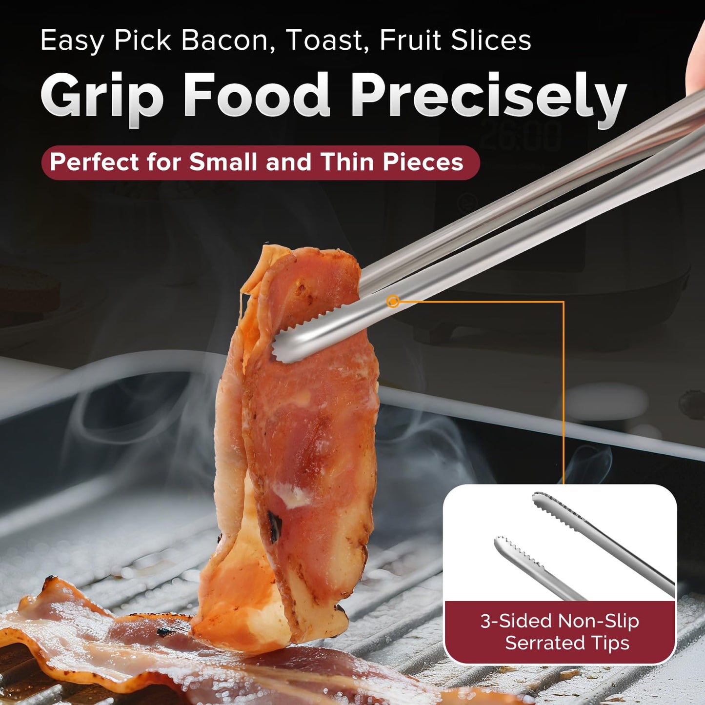 COOCLAN Precision Serrated Non-Slip Tips Cooking Tongs 2 Set (11.5" & 13.5"), 18/8 Stainless Steel Metal Tong, Light but Durable, Easily Control Kitchen Tweezer Tongs for Frying, Plating, BBQ