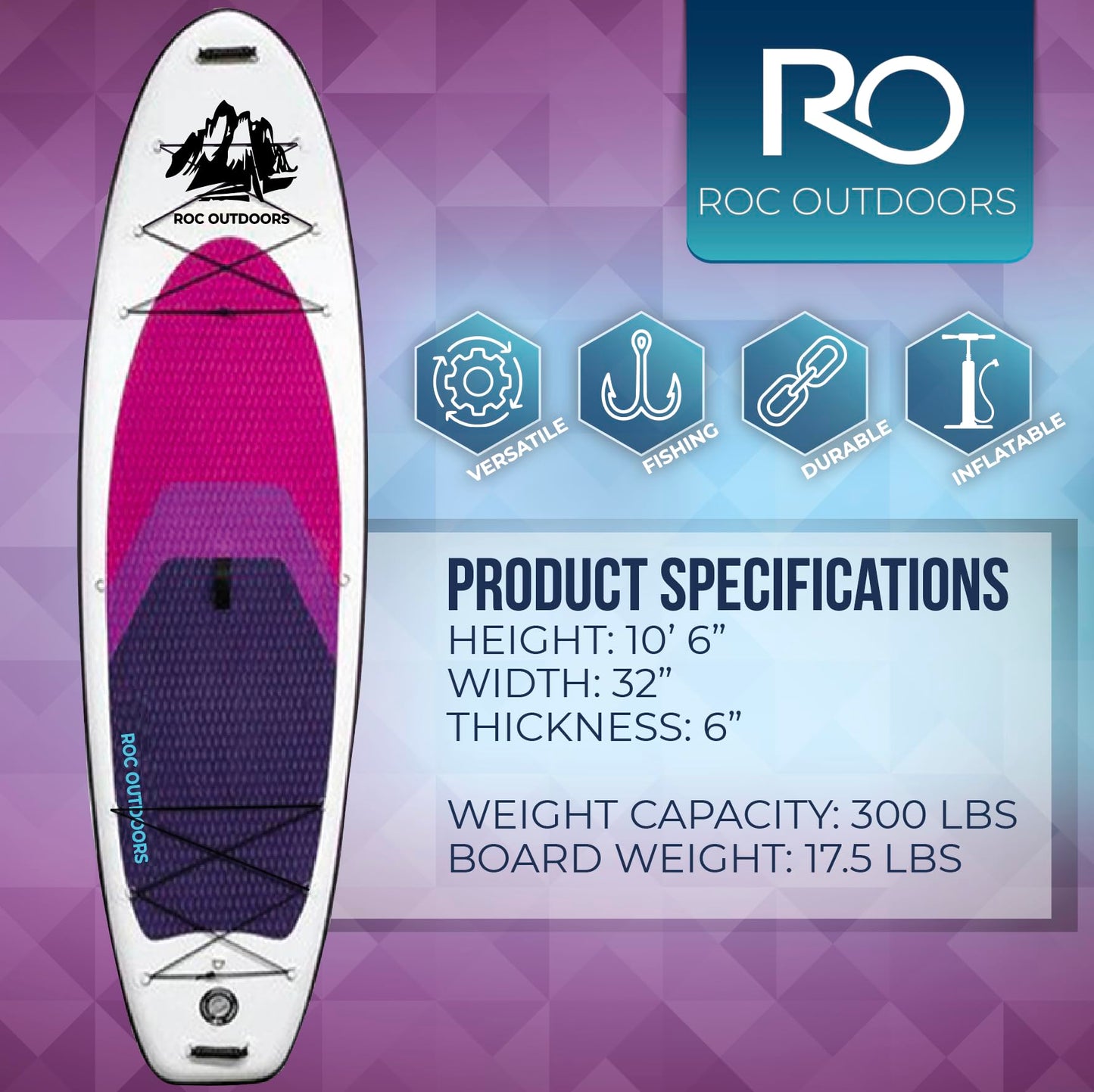 Roc Inflatable Stand Up Paddle Board 10' 6" with Premium SUP Paddle Board Accessories, Wide Stable Design, Non-Slip Comfort Deck for Youth & Adults (Violet)