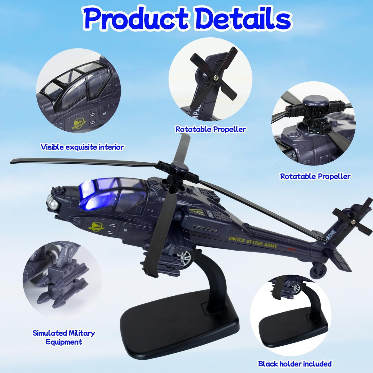 Tcvents Army Police Helicopter Toy for Boys Age 4-7, Diecast Military Toys Helicopter Model with Sounds & Lights, Pull Back Alloy Plane Birthday Gifts for Kids Toddlers 3-9 (Holder Included)