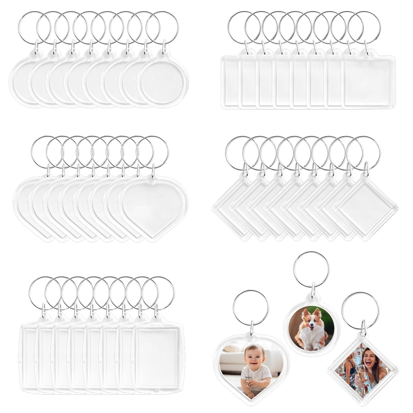 BRT Bearingshui 50pcs Pendant Picture Frame Keyrings, Clear Acrylic Photo Frame Keyring, Make Your Own Personalized Keyring Kit, Central Pendant for Kids To Assemble And Attach To Key Rings