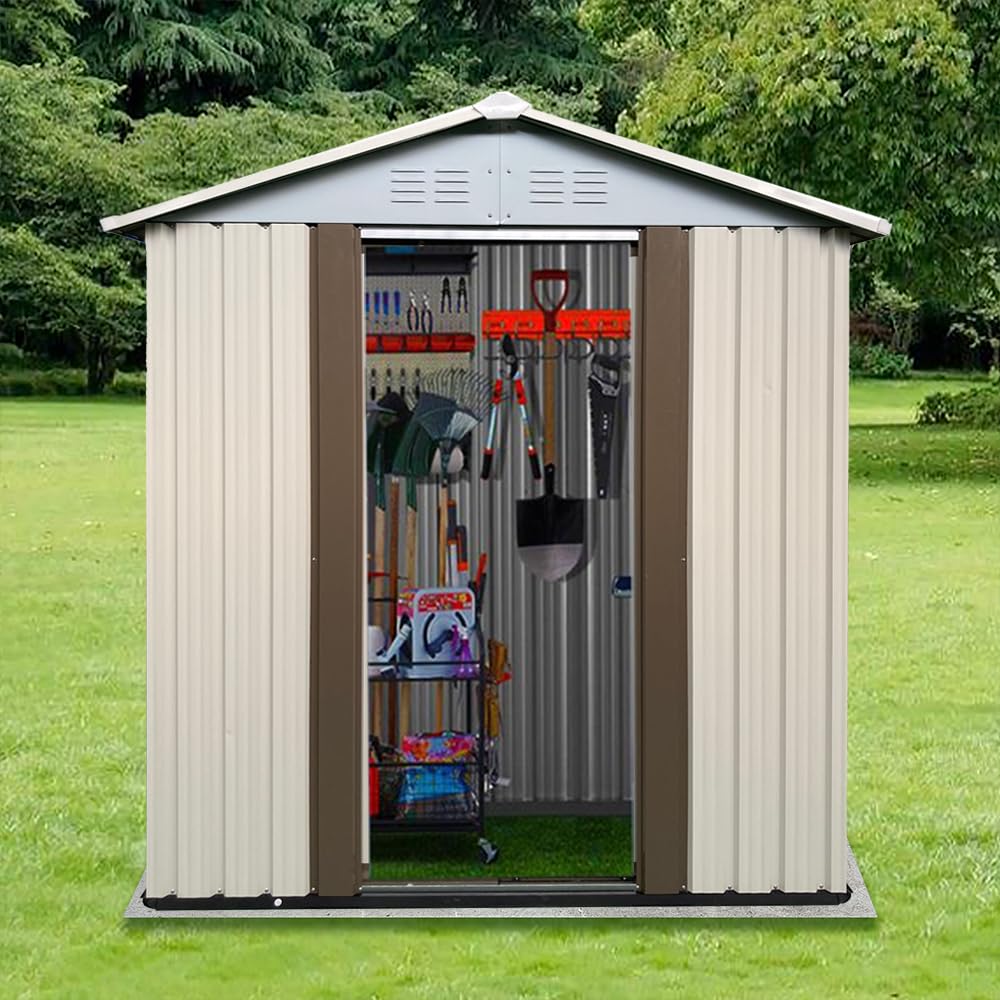 Ball & Cast 5x3 FT Outdoor Storage Shed, Metal Sheds with Punched Vents and Sliding Door, Waterproof Garden Tool Shed with Aluminum Frames and Sloped Roof for Backyard Patio,Cream White