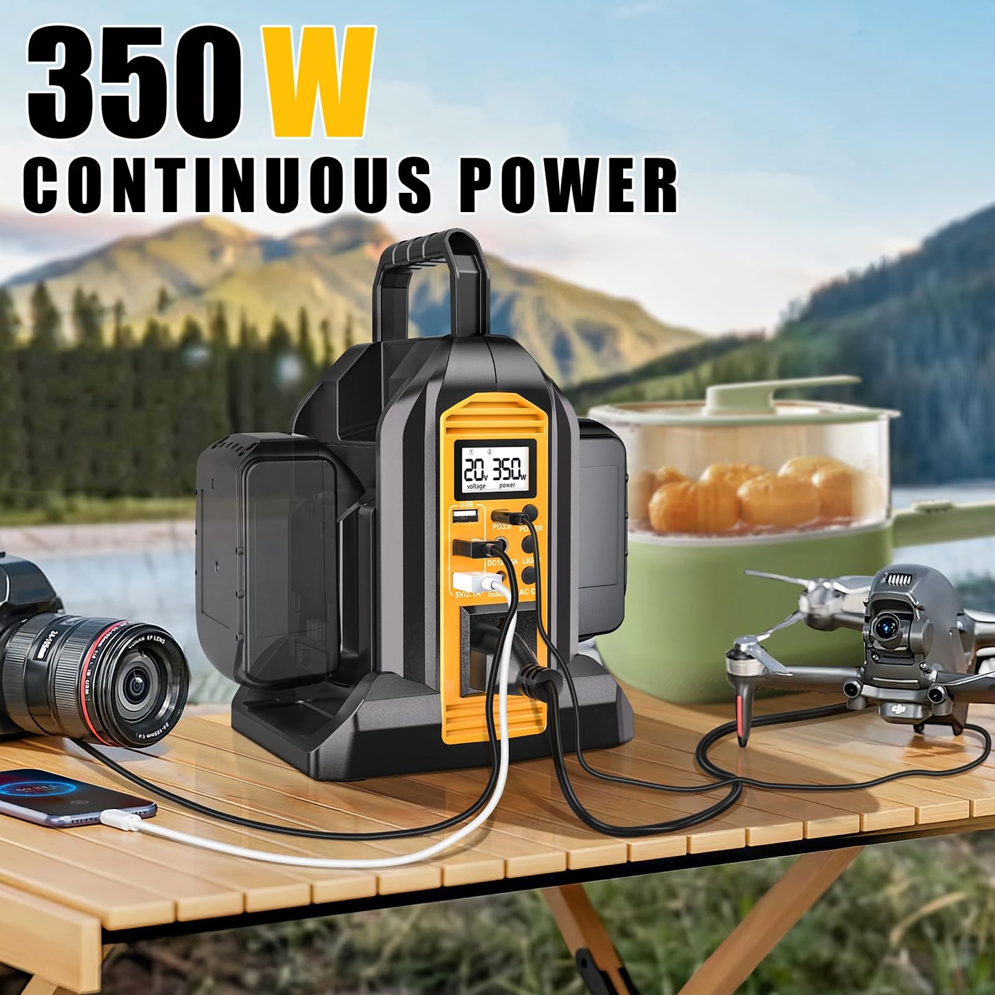 DTEZTECH 350W Power Inverter for Dewalt 20V/60V Batteries, Dual Battery DC 20V to AC 110-120V Pure Sine Wave with 3 USB Ports & LED Work Light, Portable Camping & Emergency Power Station (Tool Only)