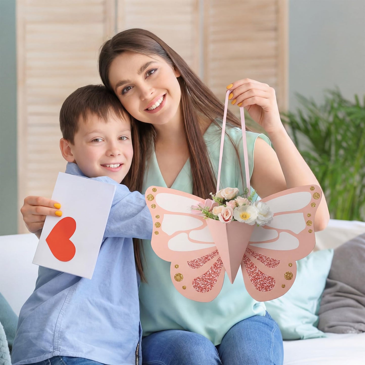 Tenceur 6 Pcs Flower Gift Bags DIY Butterfly Flower Bouquet Bags with Ribbon Pink Butterfly Shape Floral Wrapping Paper for Summer Birthday Wedding DIY Gift Bouquet Wrapping Party Supplies