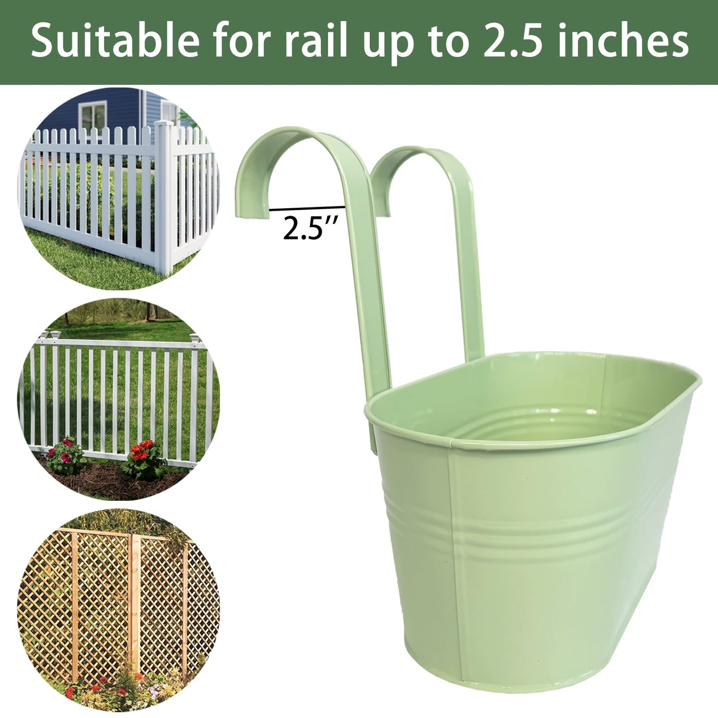 Joyfernal Balcony Hanging Planters Flower Pots, 10" Metal Flower Pots for Outdoor Balcony Rails, Fence Pot Hanging Plant Holders with Detachable Hooks for Garden Patio Yard Decor (Mint Green, 4Pcs)