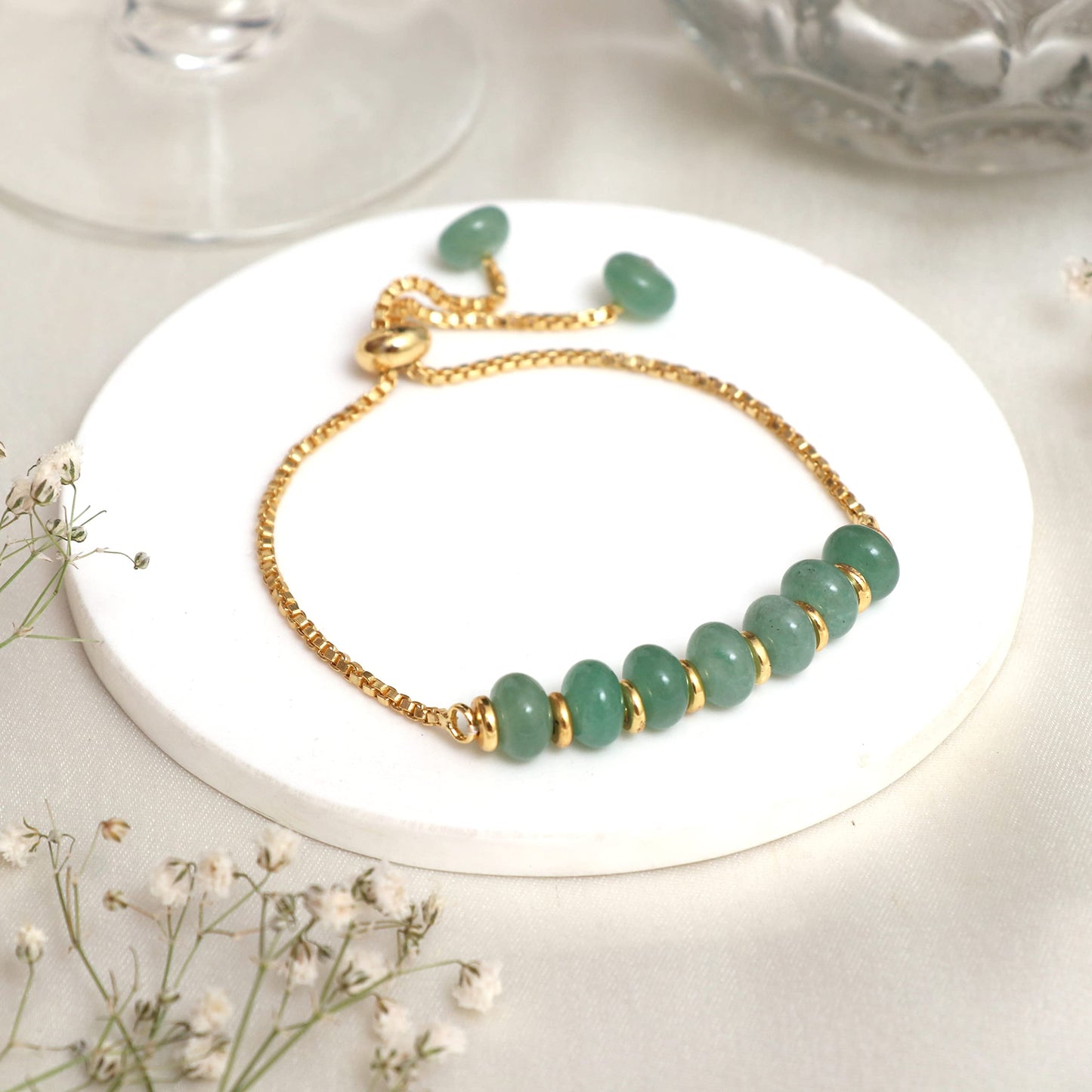 Gempires Green Aventurine Beaded Bracelet Handmade Crystal Gemstone Jewelry Hypoallergenic 6-8 Inch Gold Plated Slider Bracelets For Women.